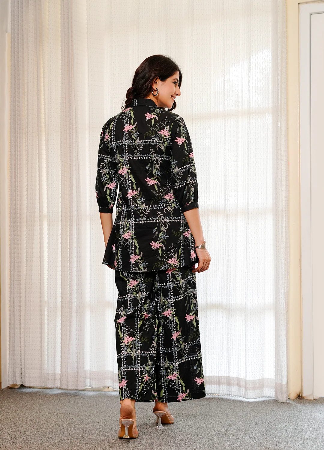 Black geometric floral print cotton co-ord set - Image 4