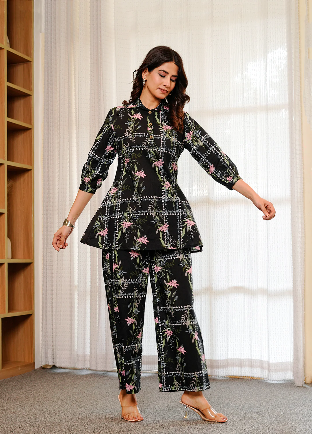 Black geometric floral print cotton co-ord set - Image 8