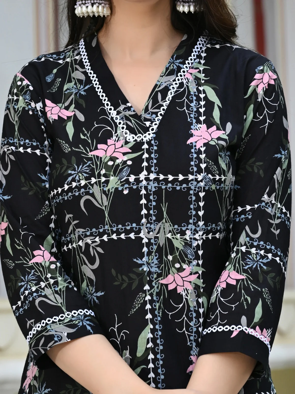 Black Geometric Floral Print Cotton 3 Piece Set - Image 3
