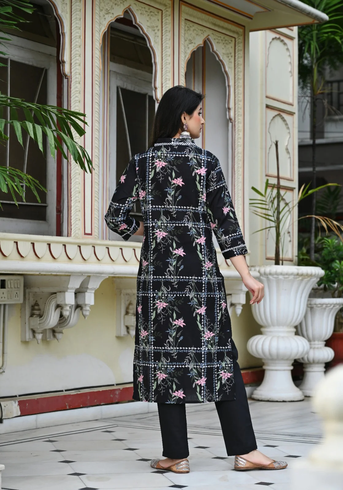 Black Geometric Floral Print Cotton 3 Piece Set - Image 4