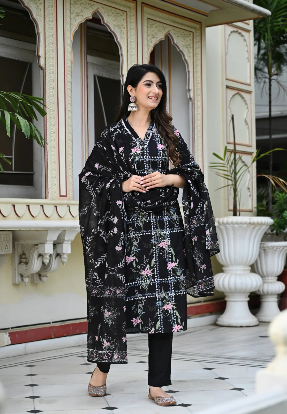 Black Geometric Floral Print Cotton 3 Piece Set - Image 6