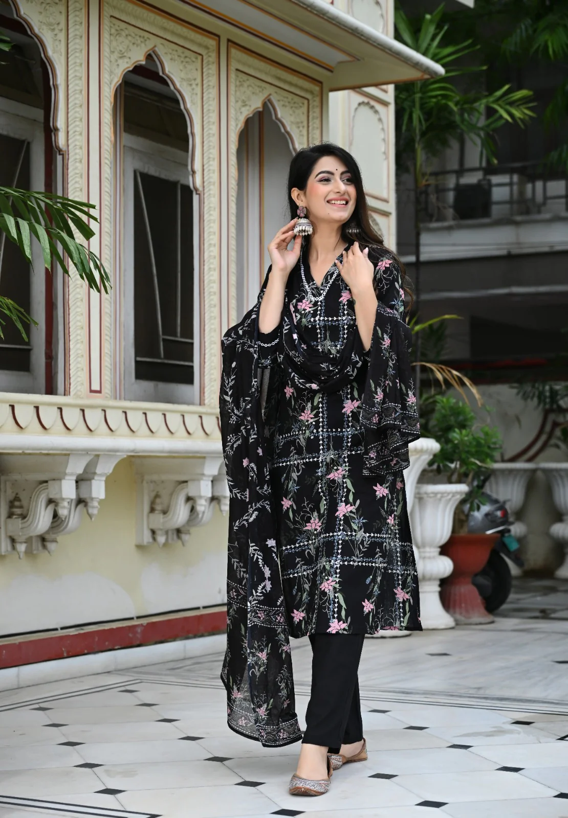 Black Geometric Floral Print Cotton 3 Piece Set - Image 7