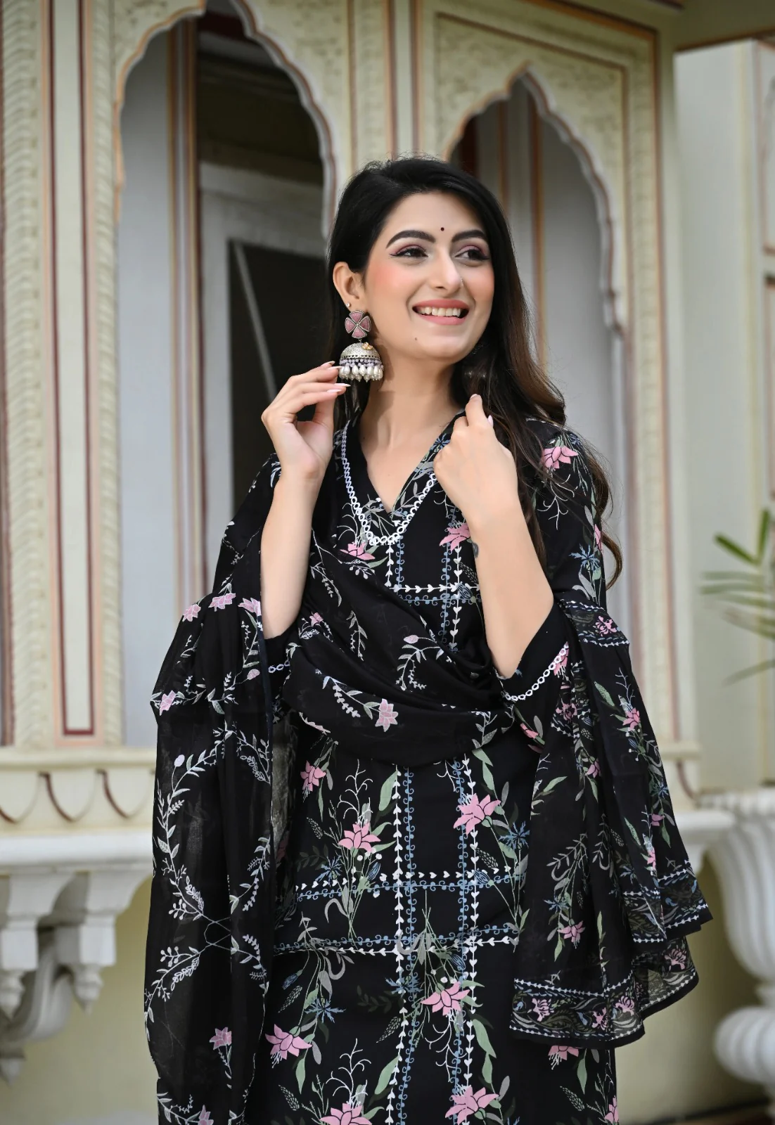 Black Geometric Floral Print Cotton 3 Piece Set - Image 8