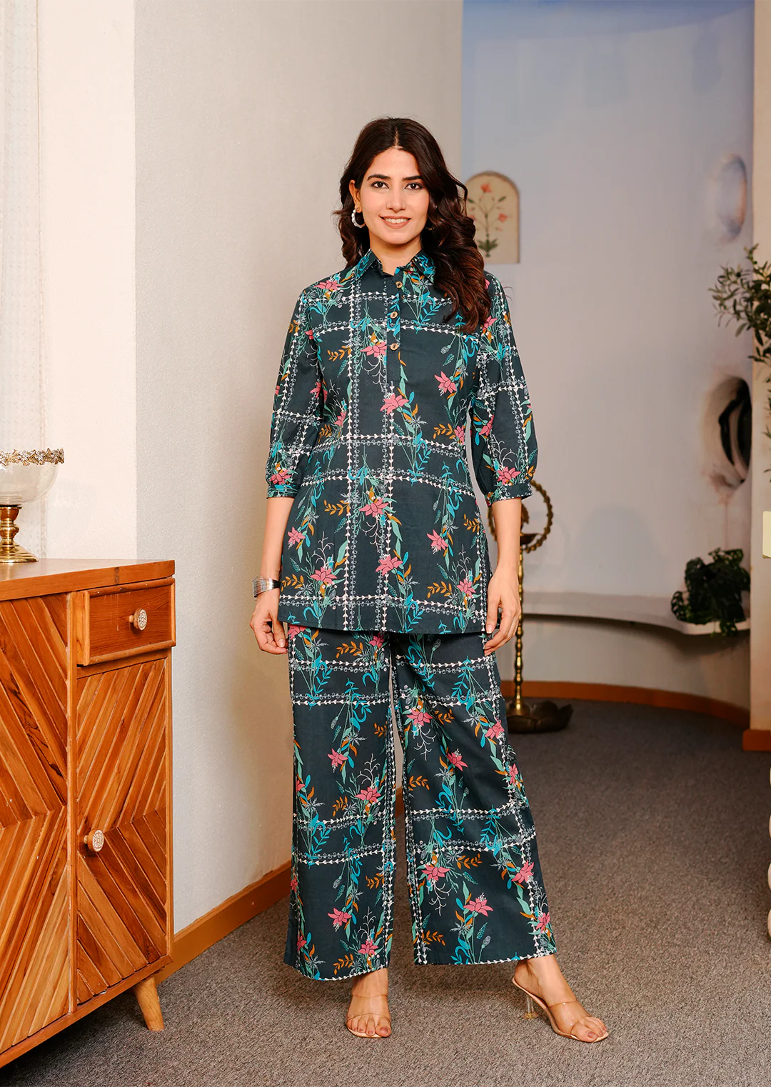 Blue geometric floral print cotton co-ord set - Image 8