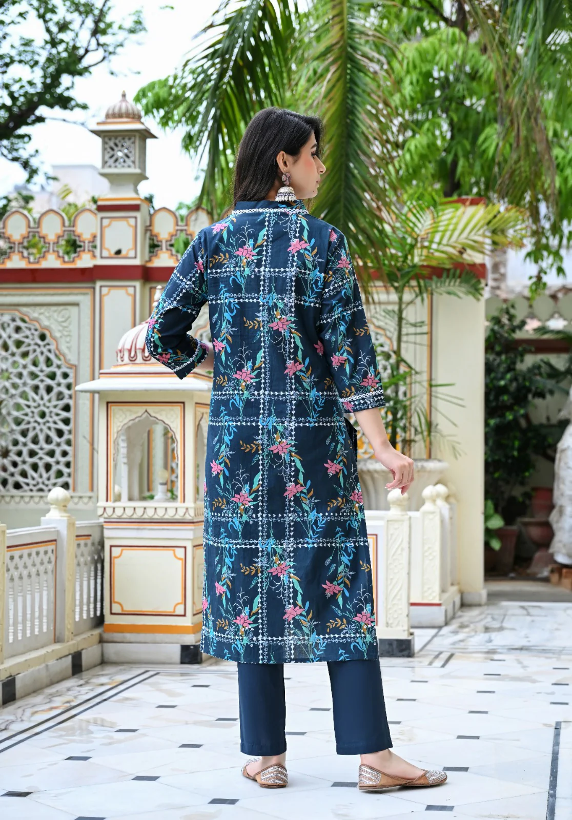 Blue Geometric Floral Print Cotton 3 Piece Set - Image 4