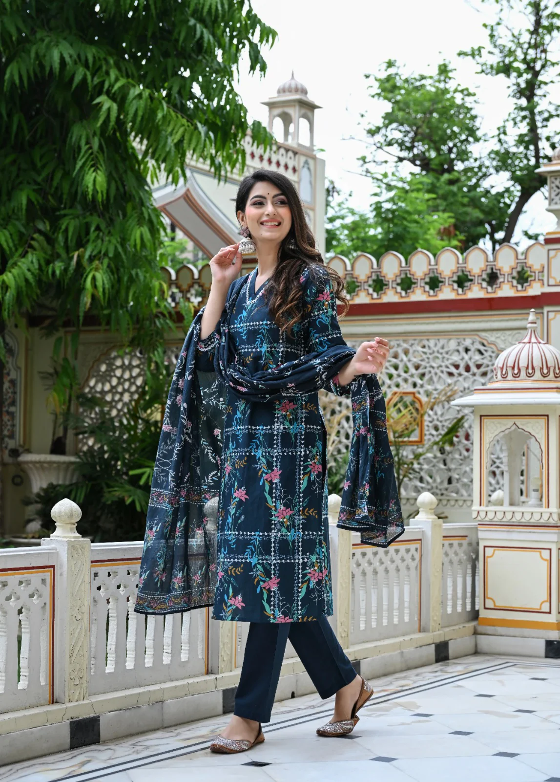 Blue Geometric Floral Print Cotton 3 Piece Set - Image 6