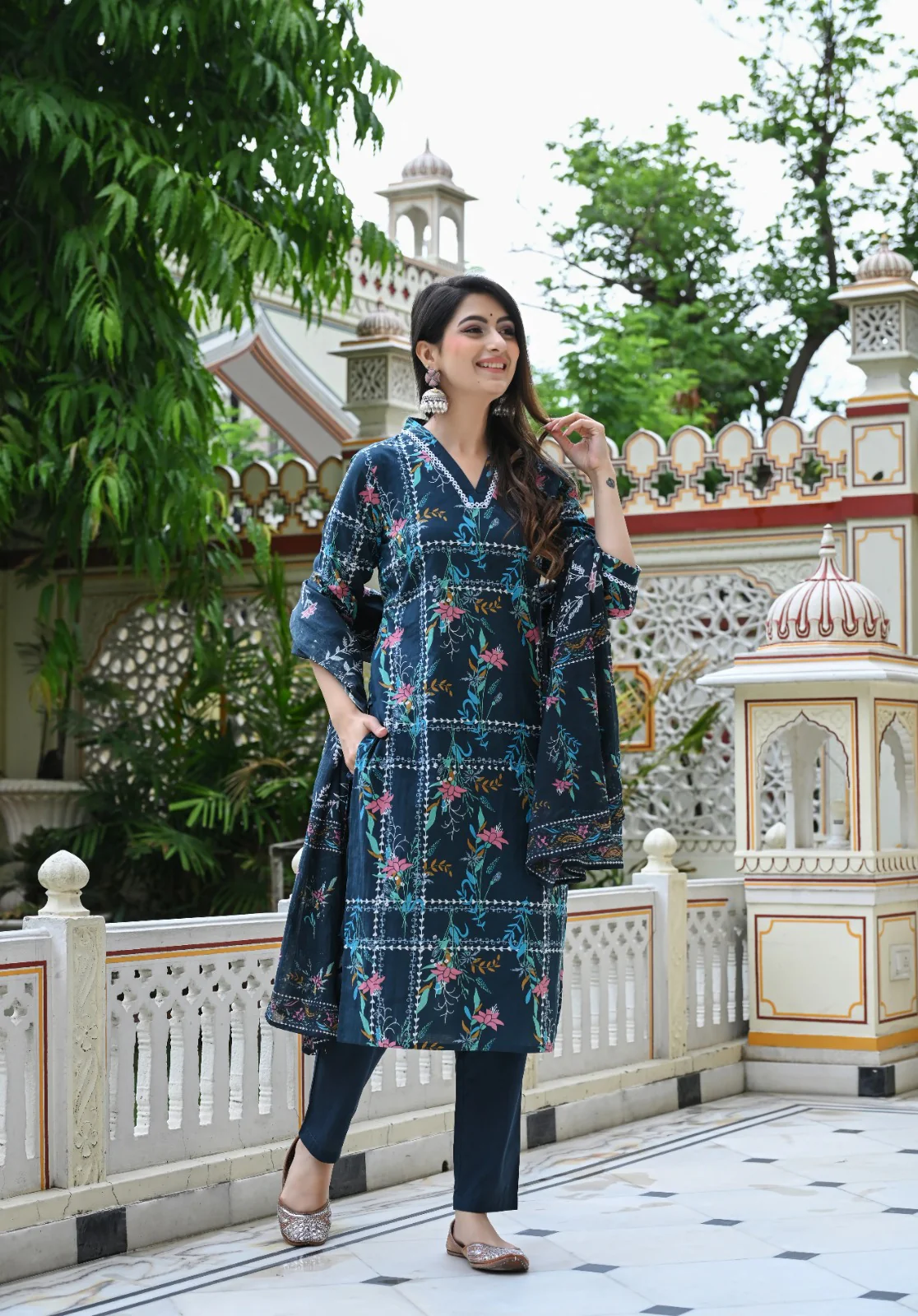 Blue Geometric Floral Print Cotton 3 Piece Set - Image 7