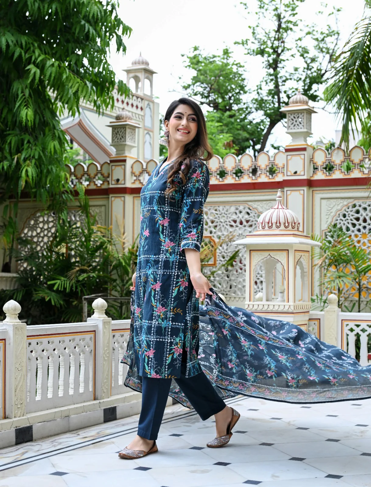 Blue Geometric Floral Print Cotton 3 Piece Set - Image 8