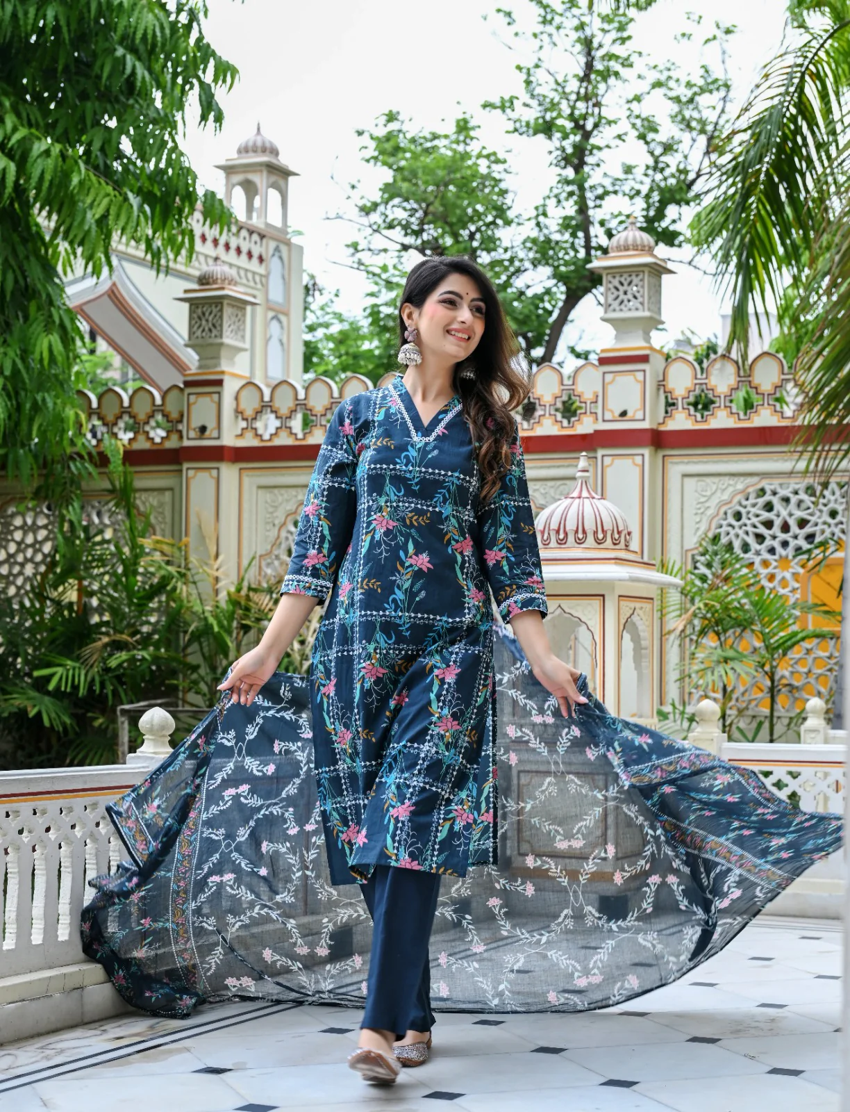 Blue Geometric Floral Print Cotton 3 Piece Set - Image 9