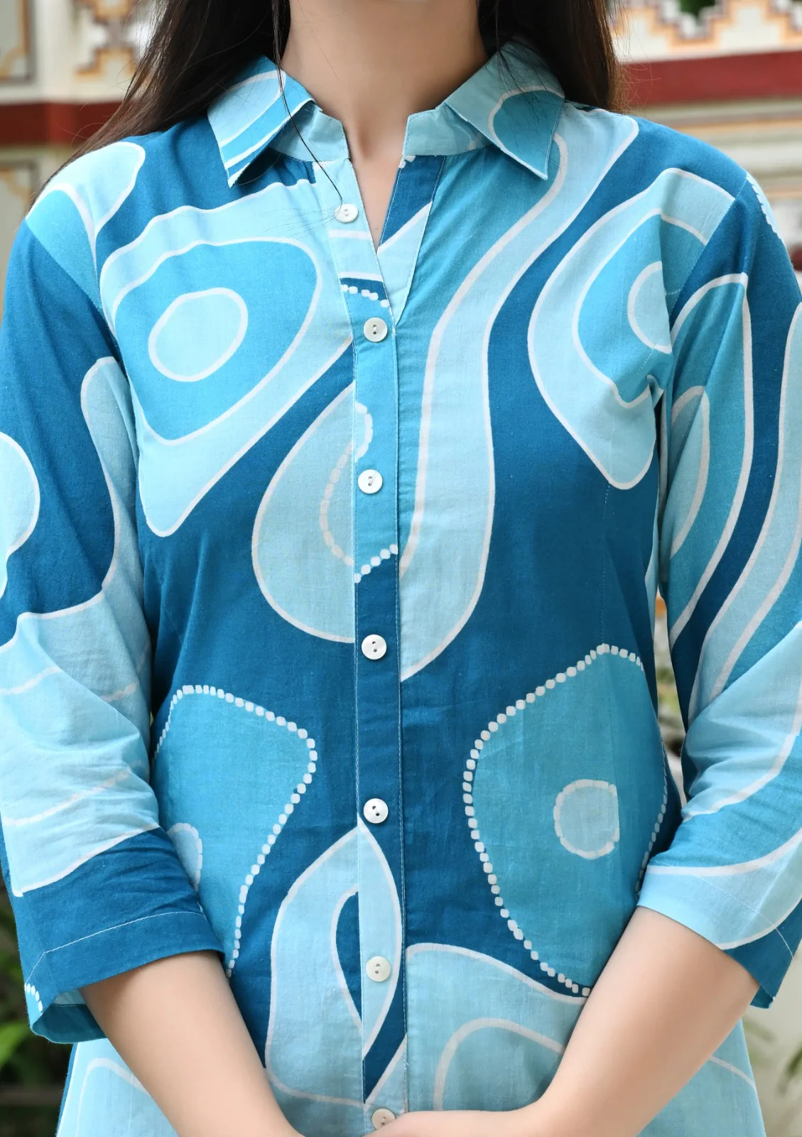 Bold blue abstract printed cotton co-ords sets - Image 3
