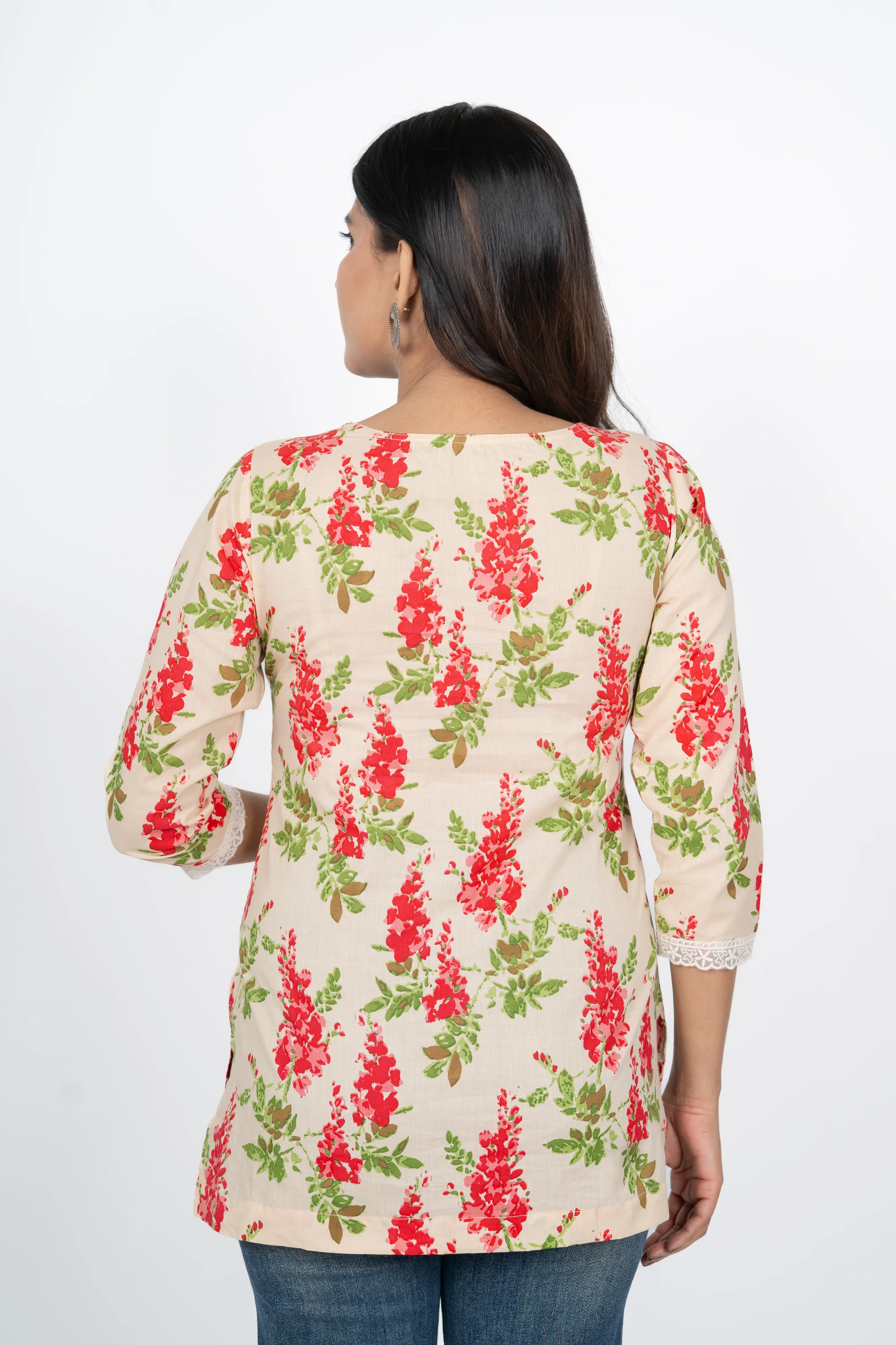 Cream Flower Short Kurti - Image 4
