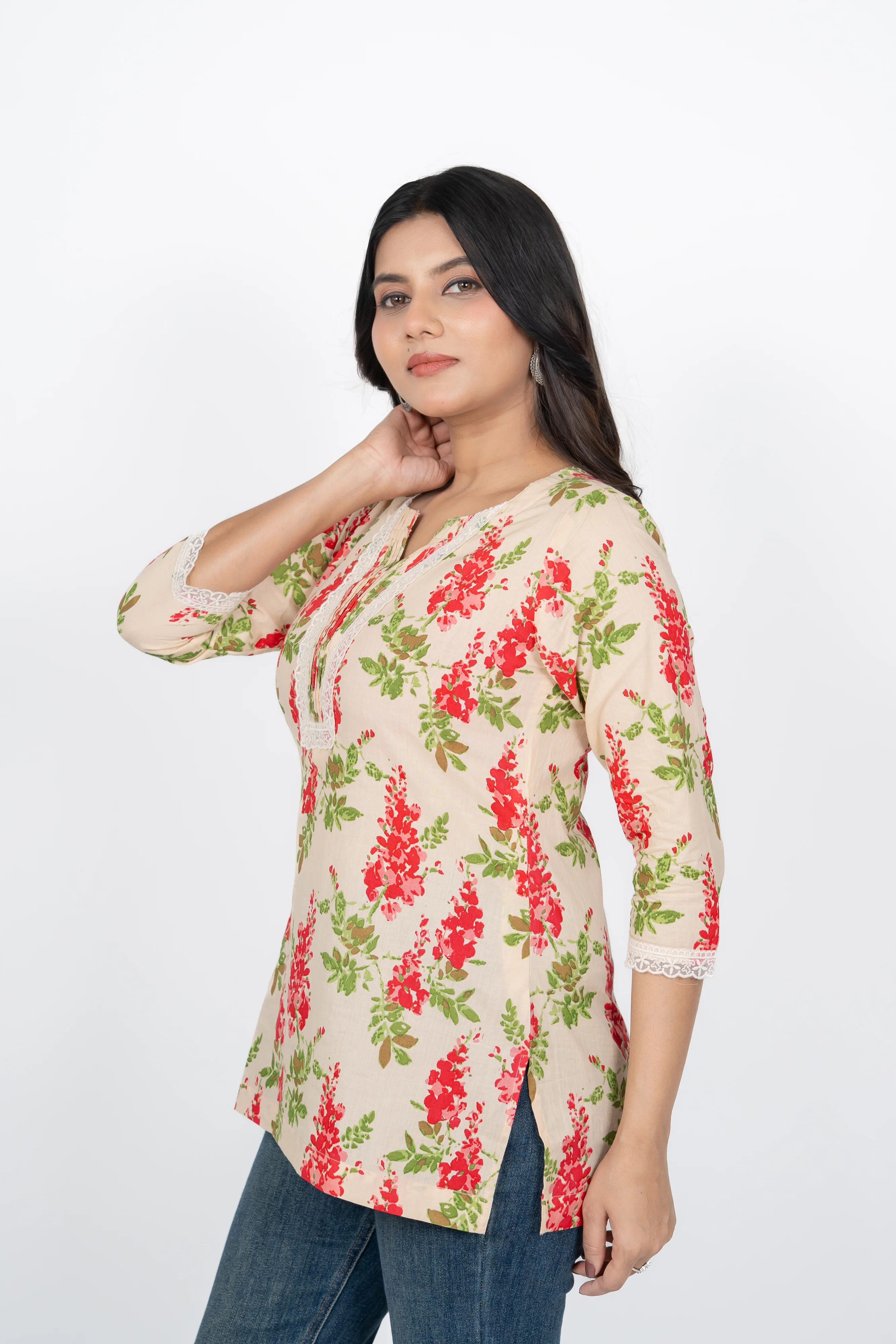 Cream Flower Short Kurti - Image 5