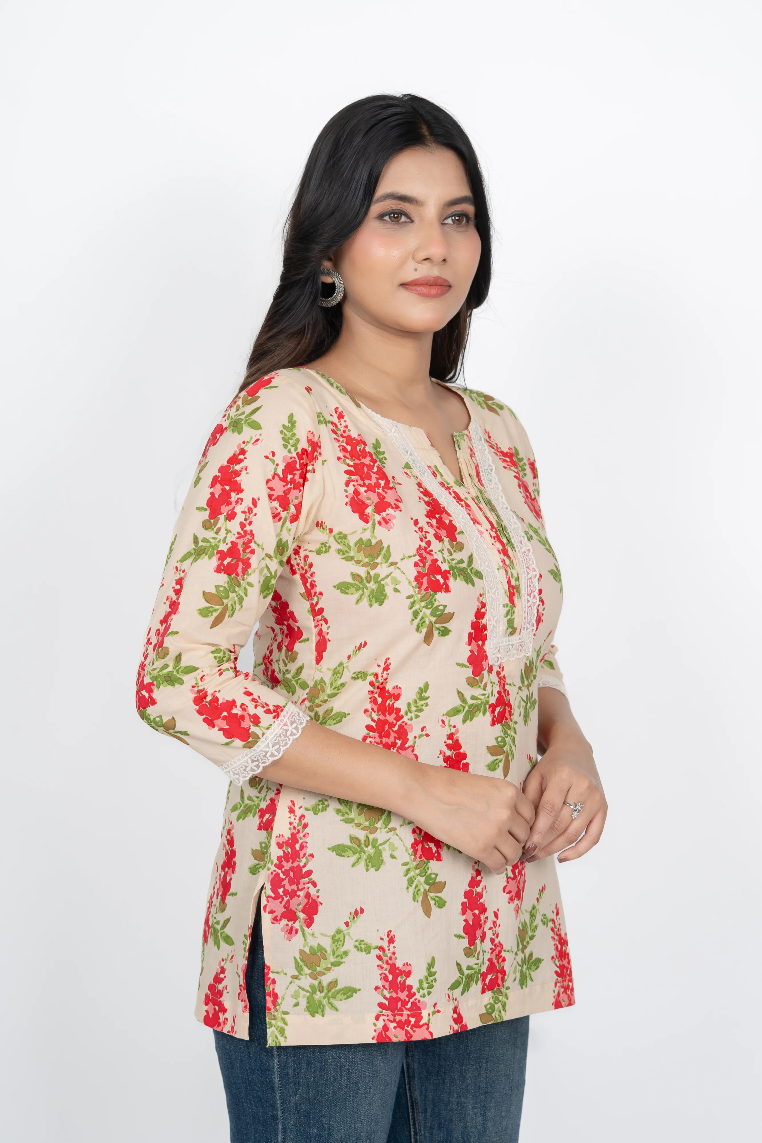 Cream Flower Short Kurti - Image 6