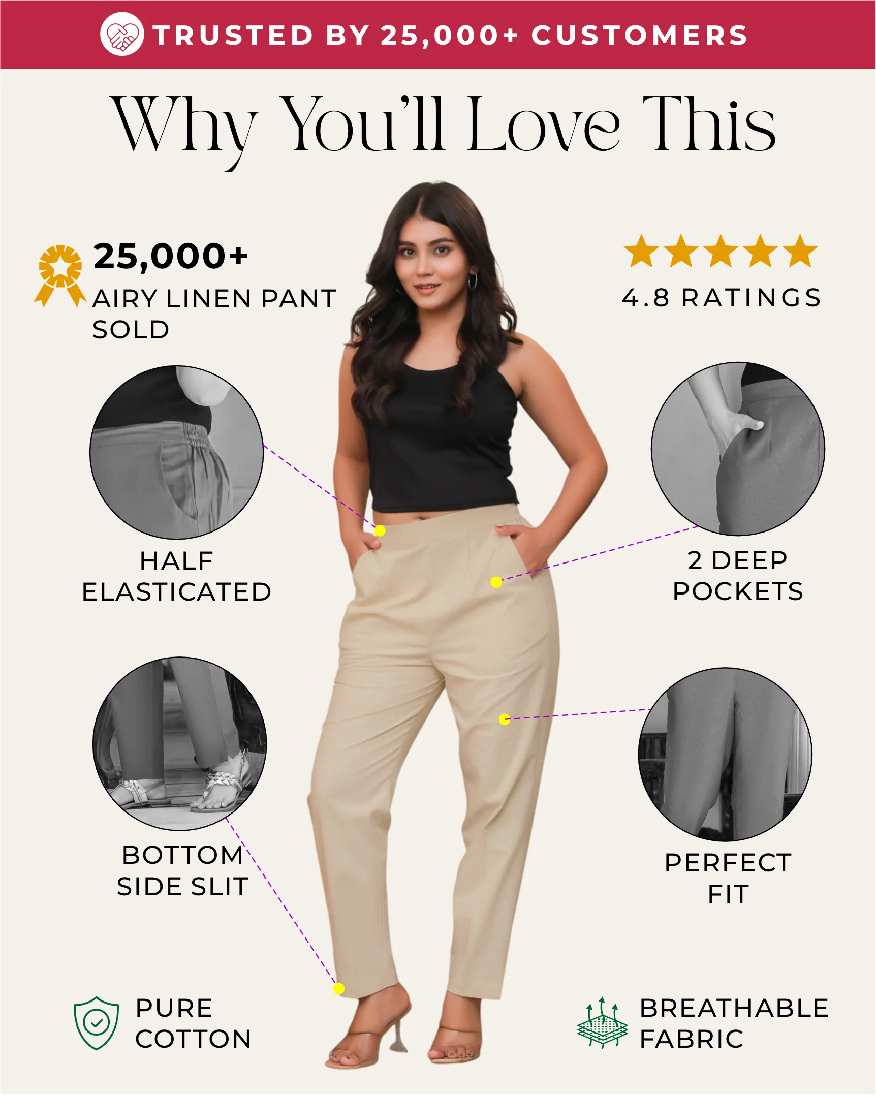 Off White Solid Airy Linen Pants - Image 2