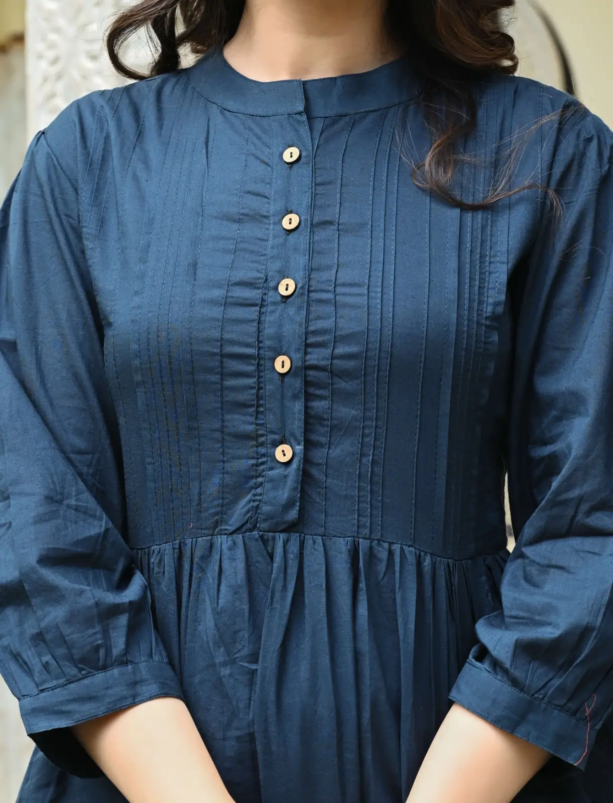Dark Blue Solid Pintucks Top - Image 3