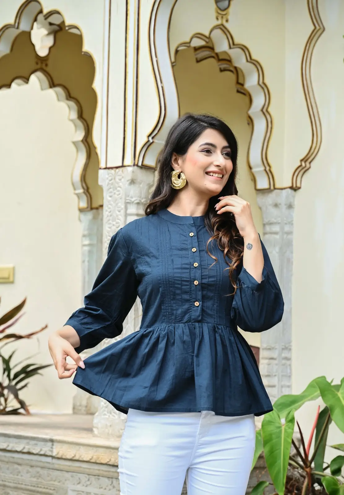 Dark Blue Solid Pintucks Top - Image 5