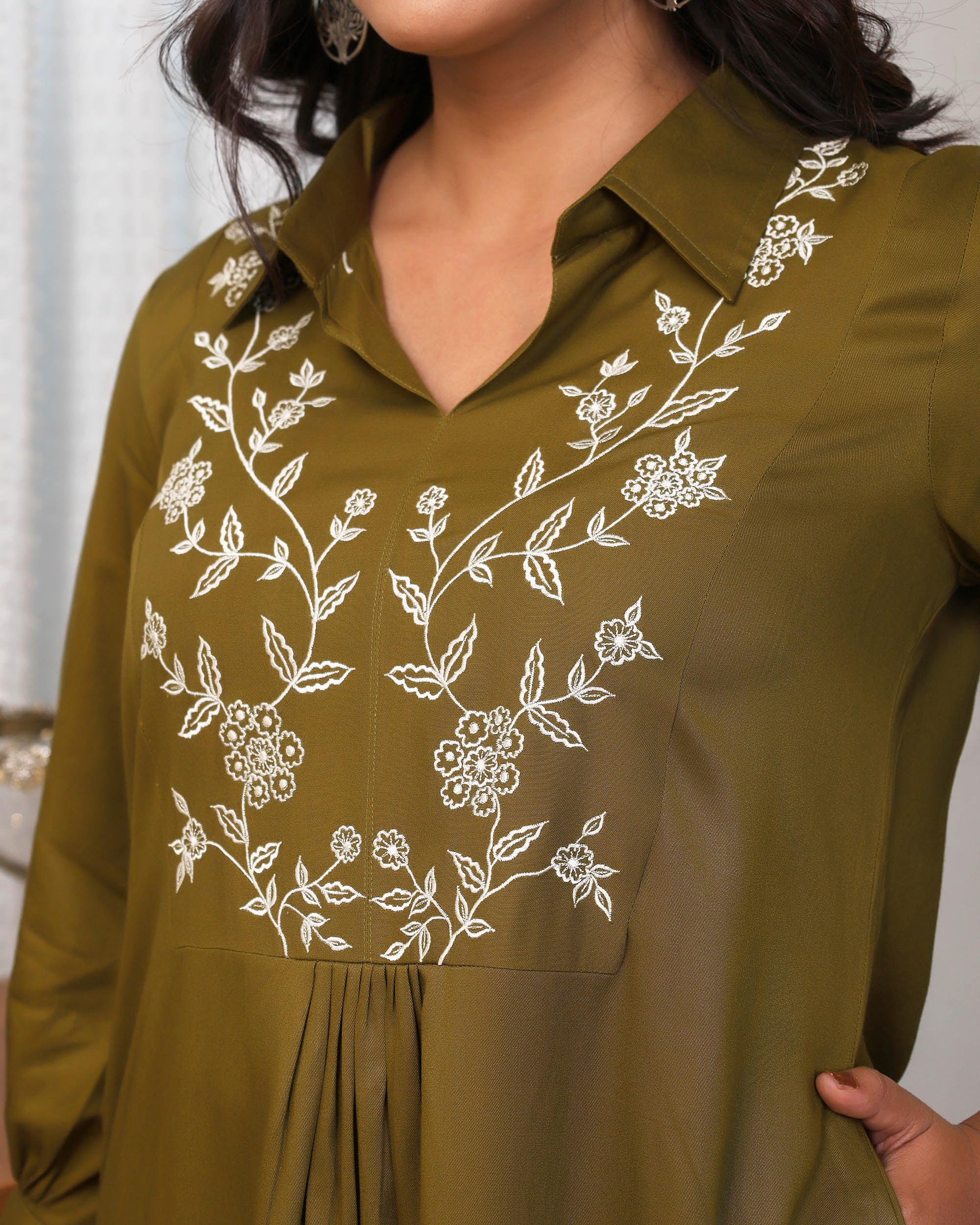 Deep Olive Green Embroidered Asymmetric Co-ord Set - Image 3