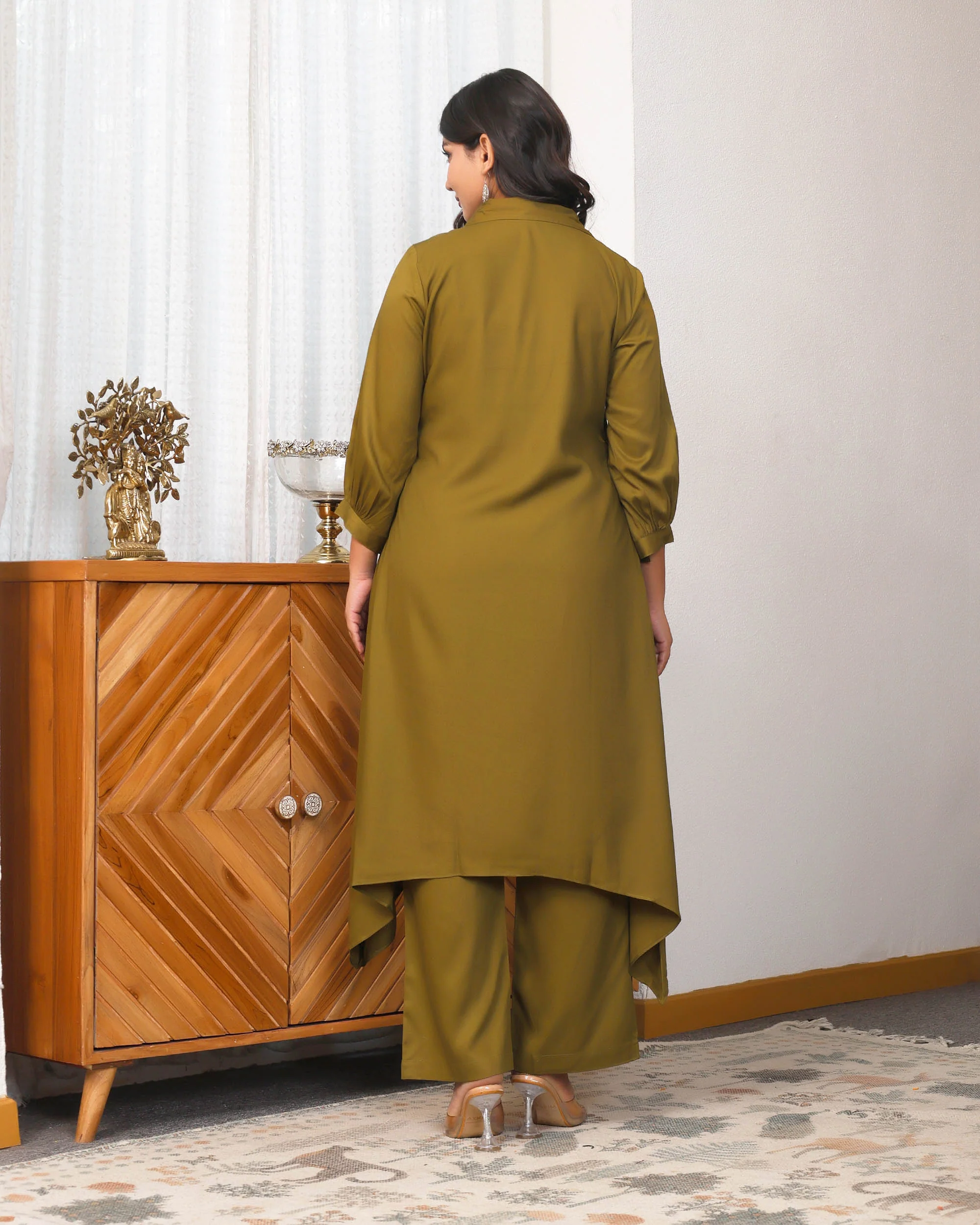 Deep Olive Green Embroidered Asymmetric Co-ord Set - Image 4