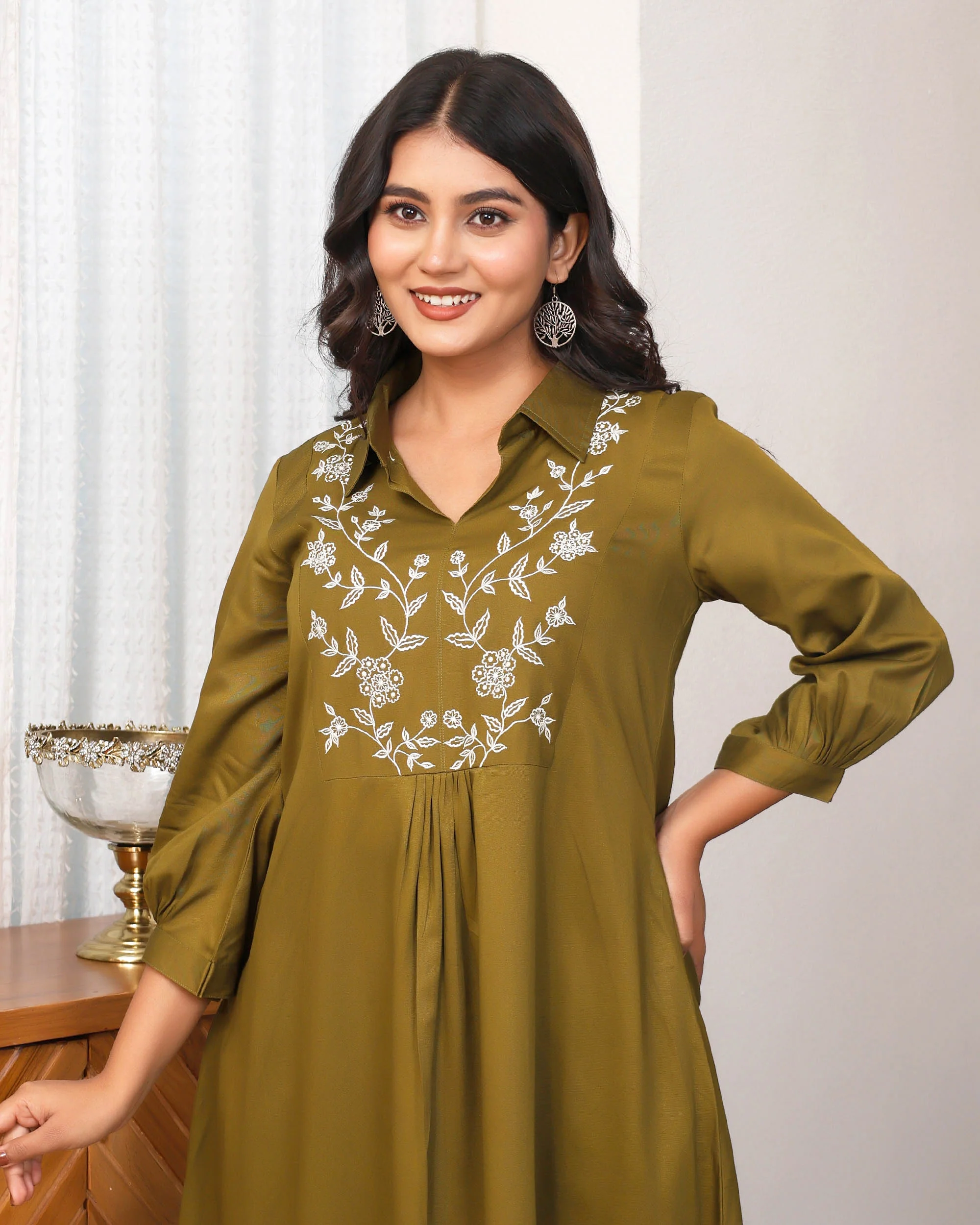 Deep Olive Green Embroidered Asymmetric Co-ord Set - Image 5