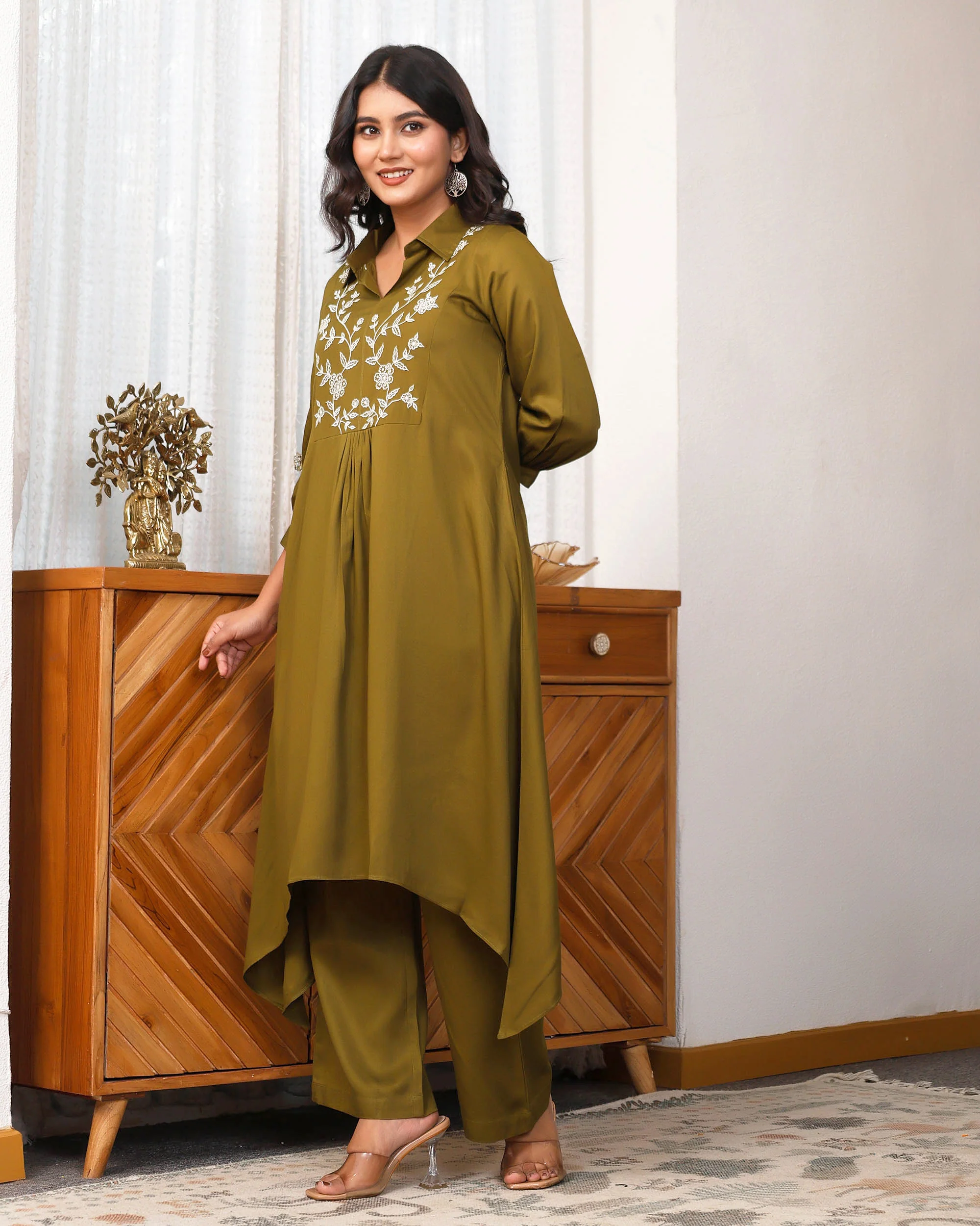 Deep Olive Green Embroidered Asymmetric Co-ord Set - Image 9