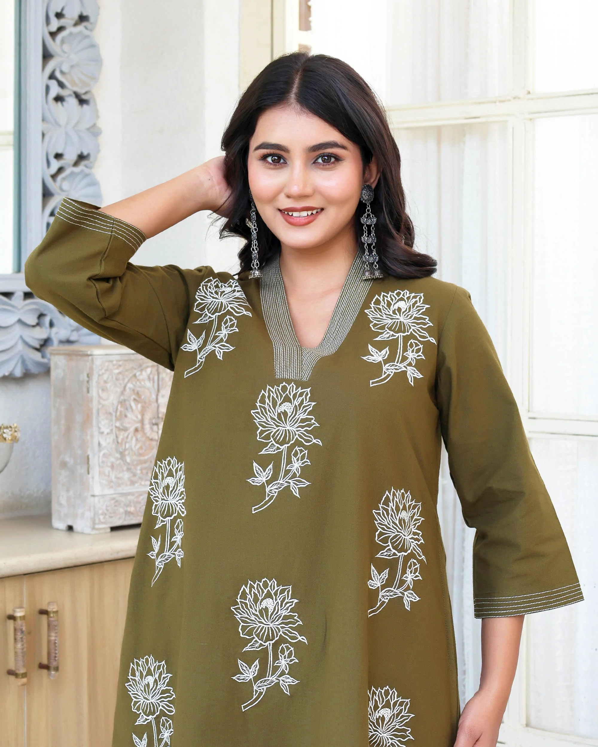 Deep Olive Green  Minimal Embroidered Aline Co-ord Set - Image 6