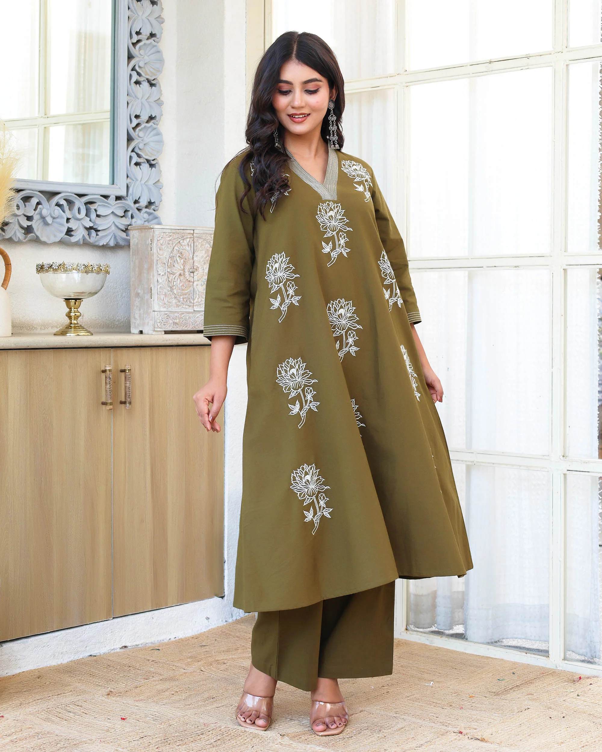Deep Olive Green  Minimal Embroidered Aline Co-ord Set - Image 7