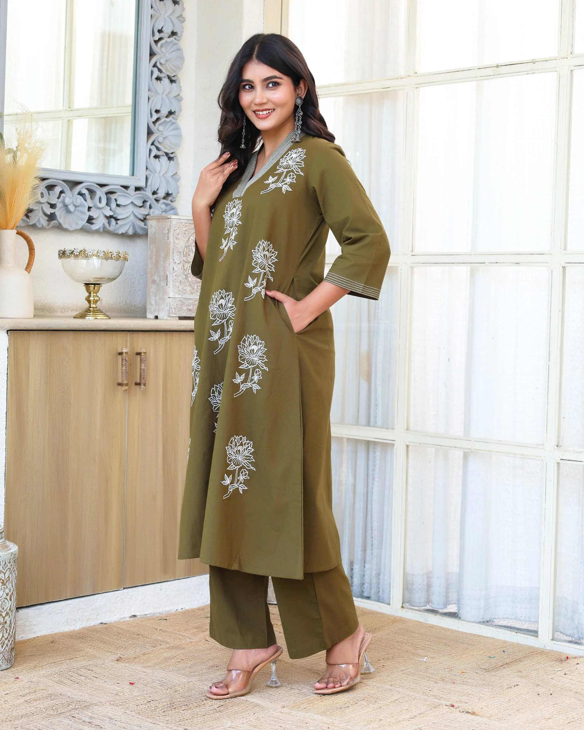 Deep Olive Green  Minimal Embroidered Aline Co-ord Set - Image 8