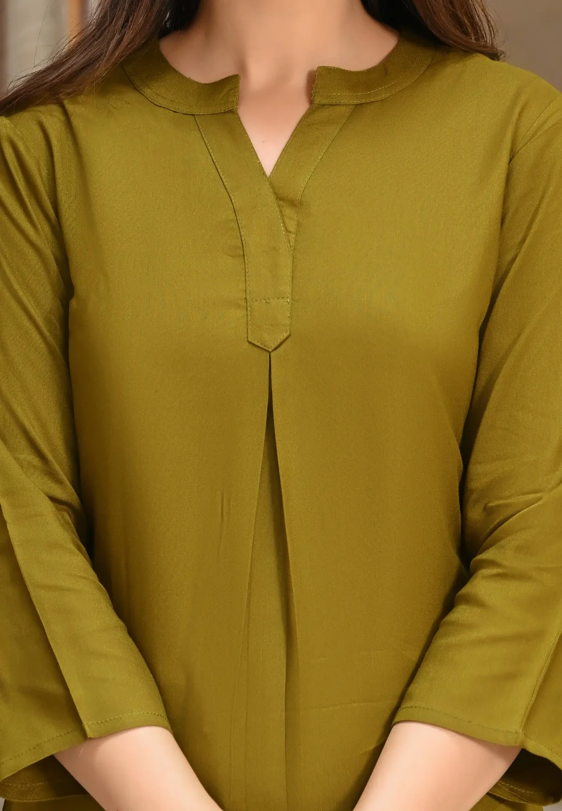 Deep Olive Viscose Pleated Top - Image 3