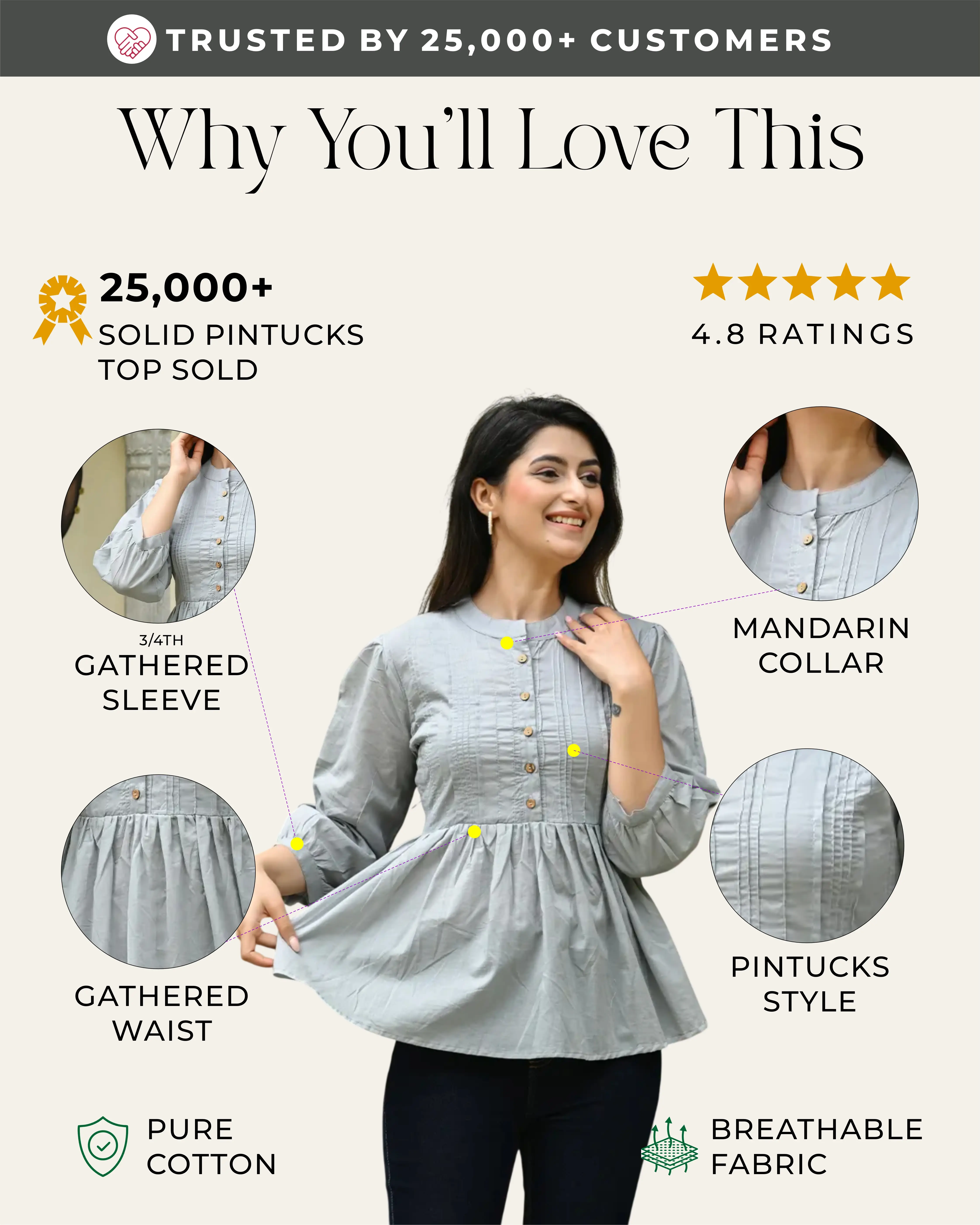 Gery Solid Pintucks Top - Image 2