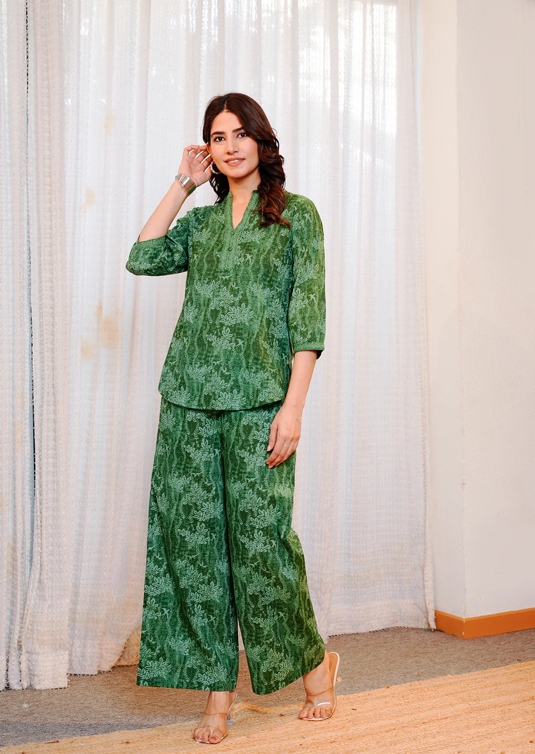 Green floral texture print cotton co-ord set - Image 6