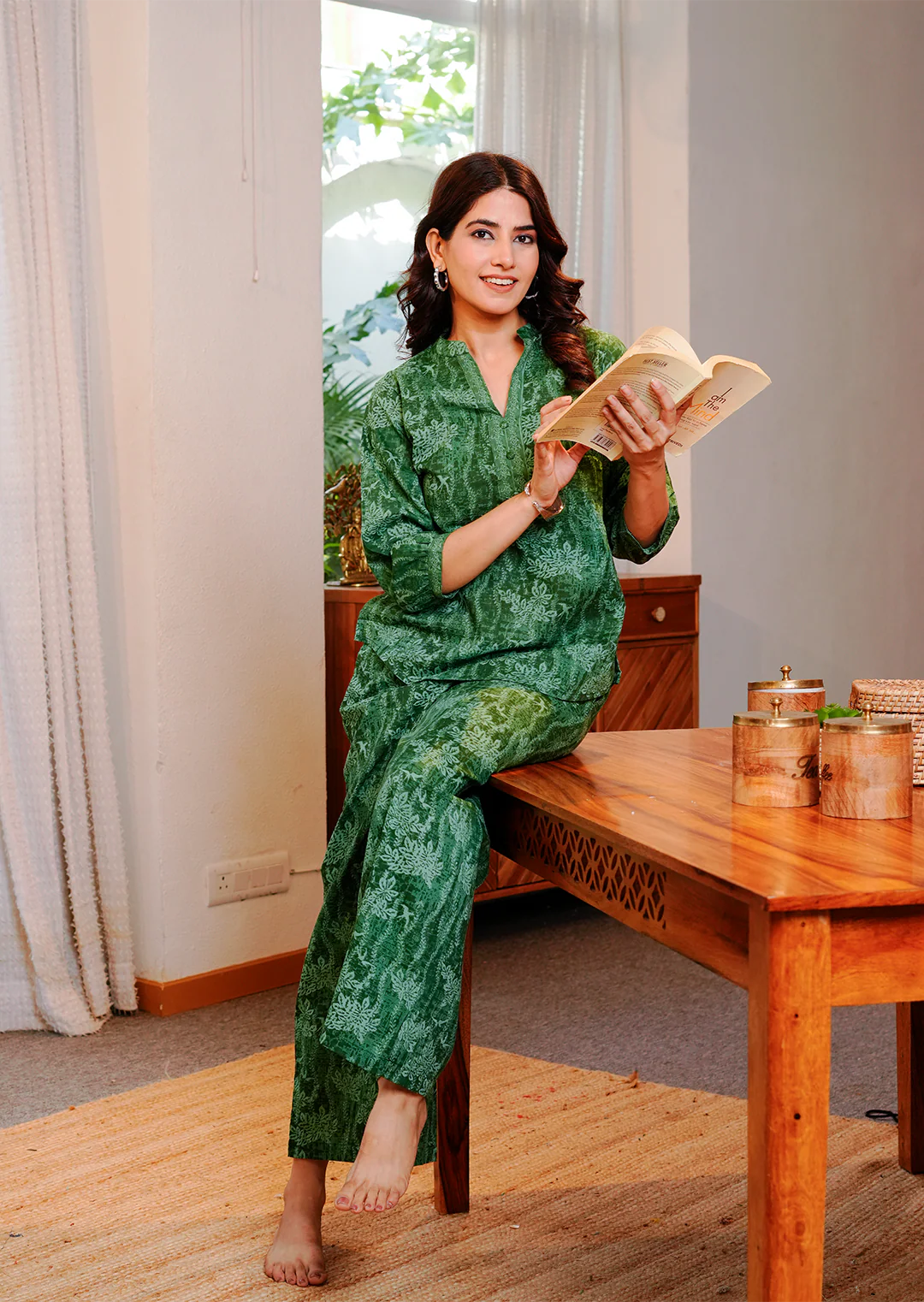 Green floral texture print cotton co-ord set - Image 7