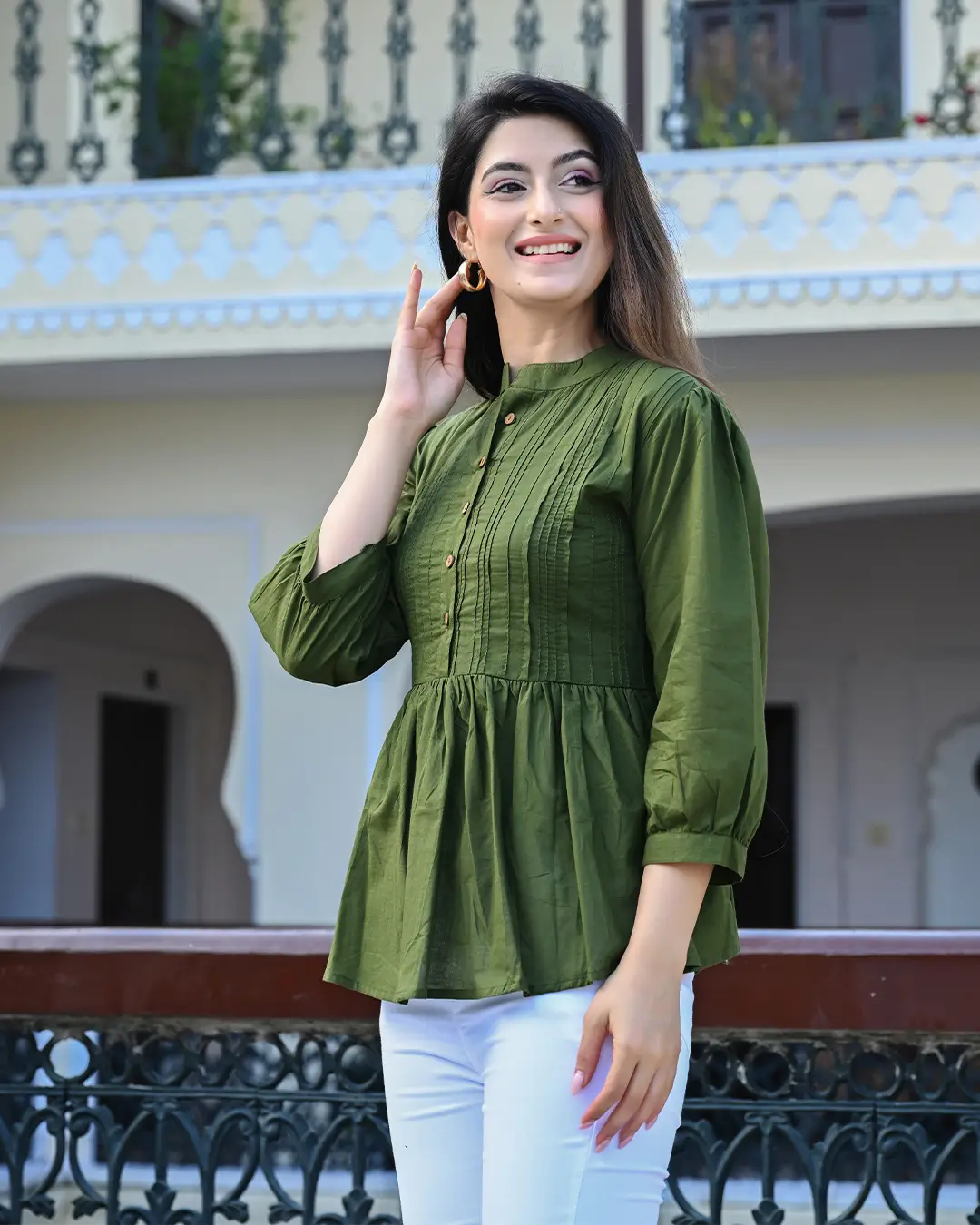 Green Solid Pintucks Top - Image 7