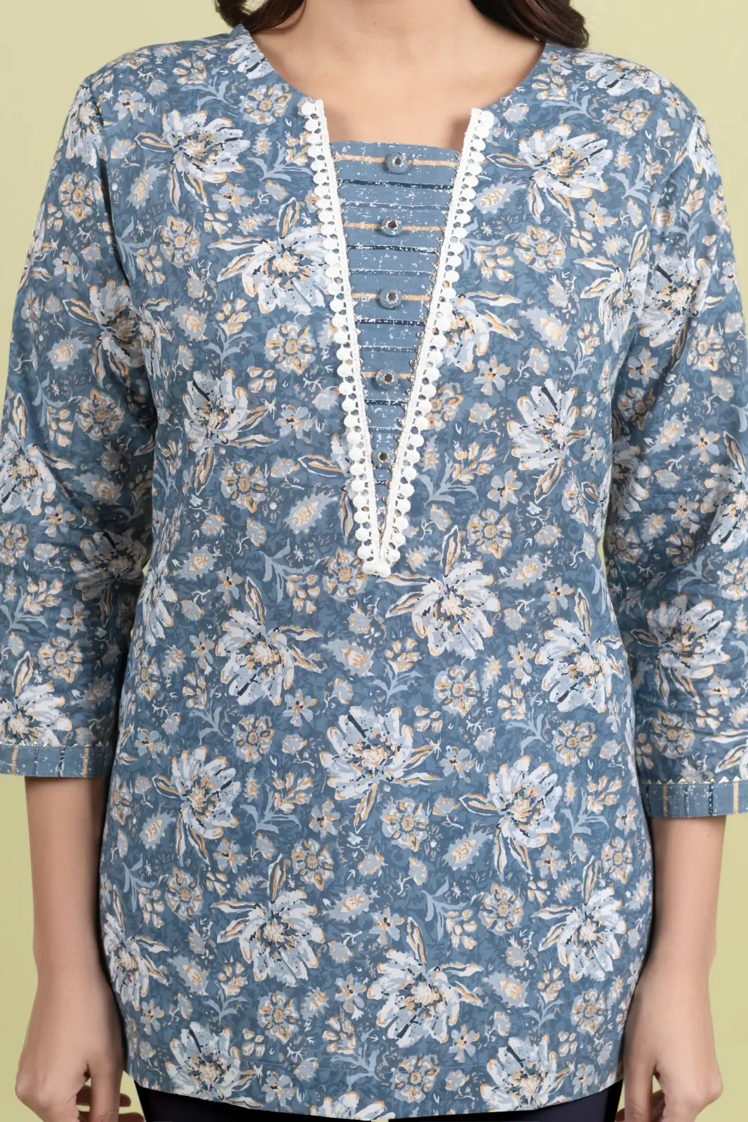 Grey Gold Print Straight Kurti - Image 3