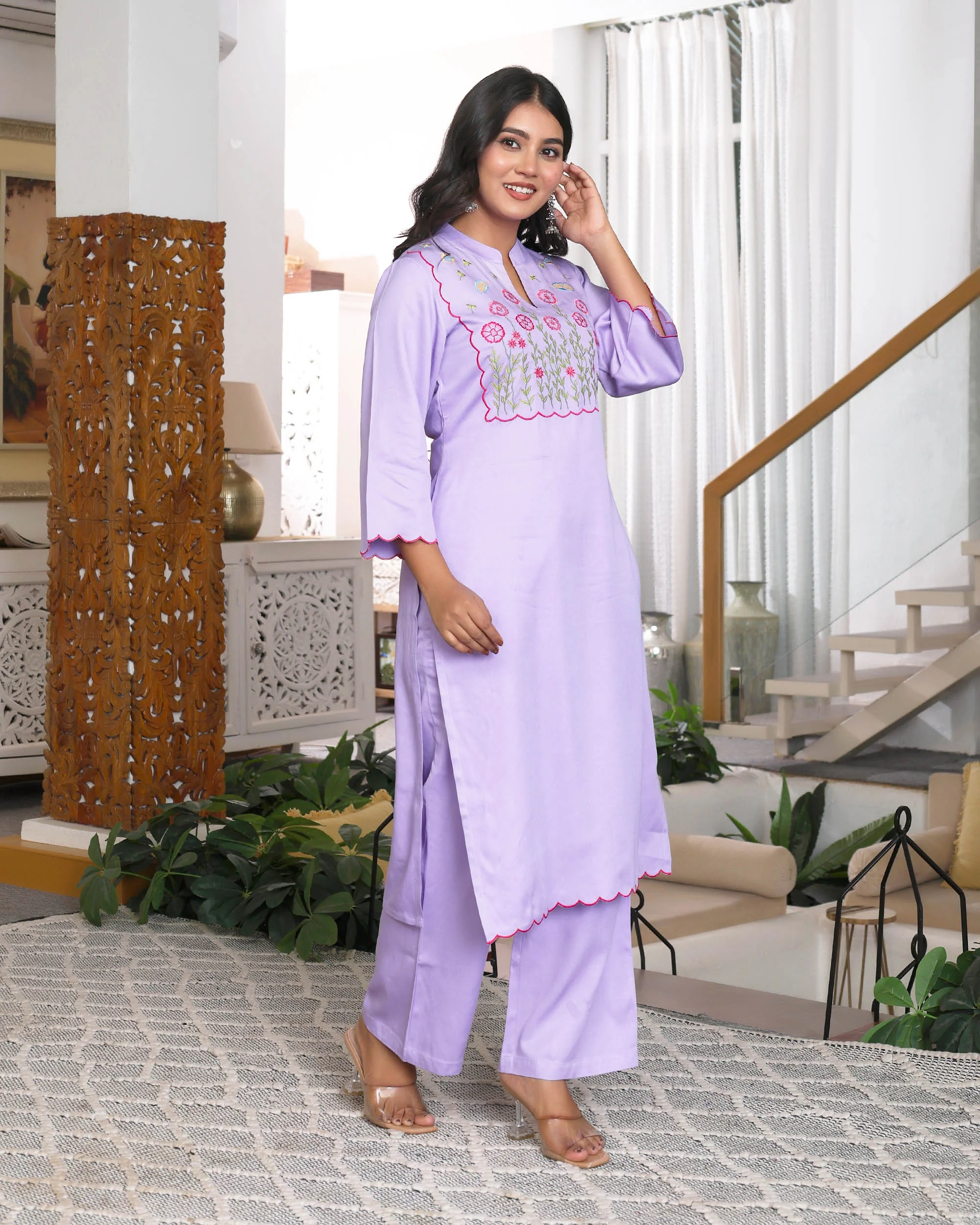 Lavender Floral Embroidered Straight Co-ord Set - Image 5