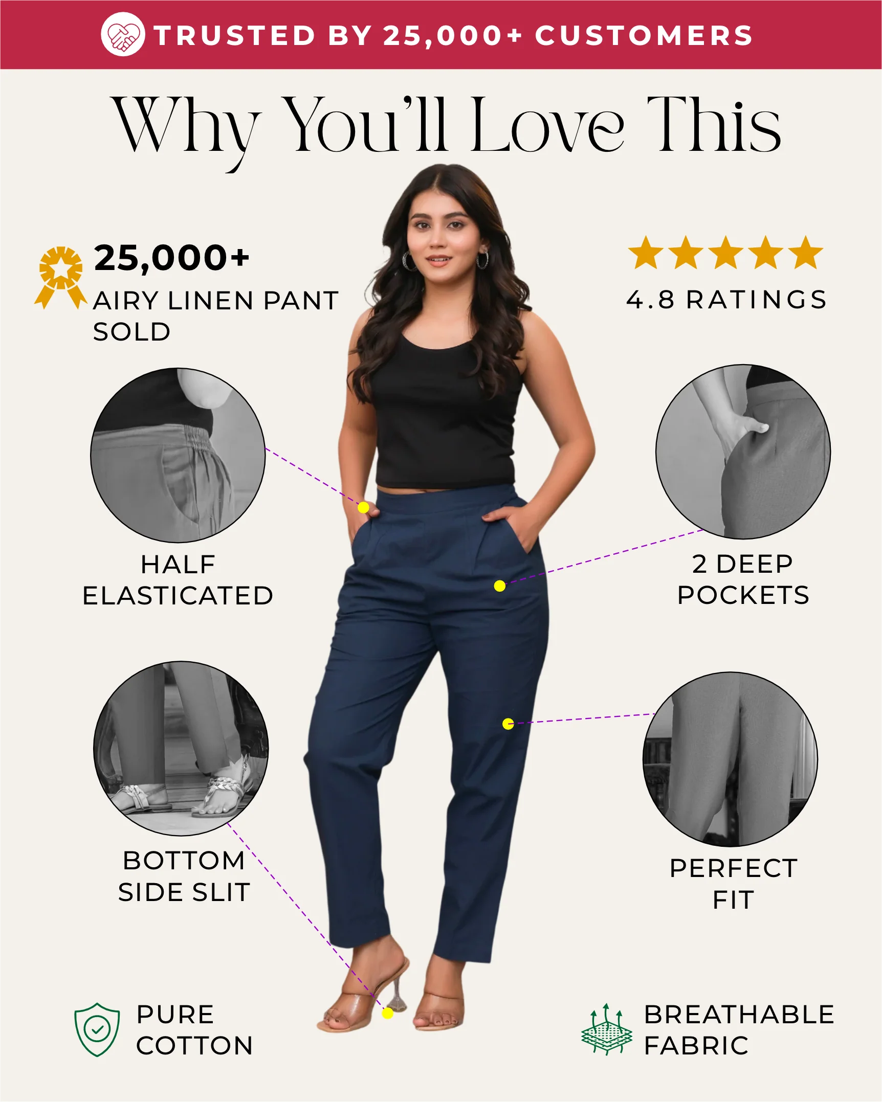 Navy Blue Solid Airy Linen Pants - Image 2