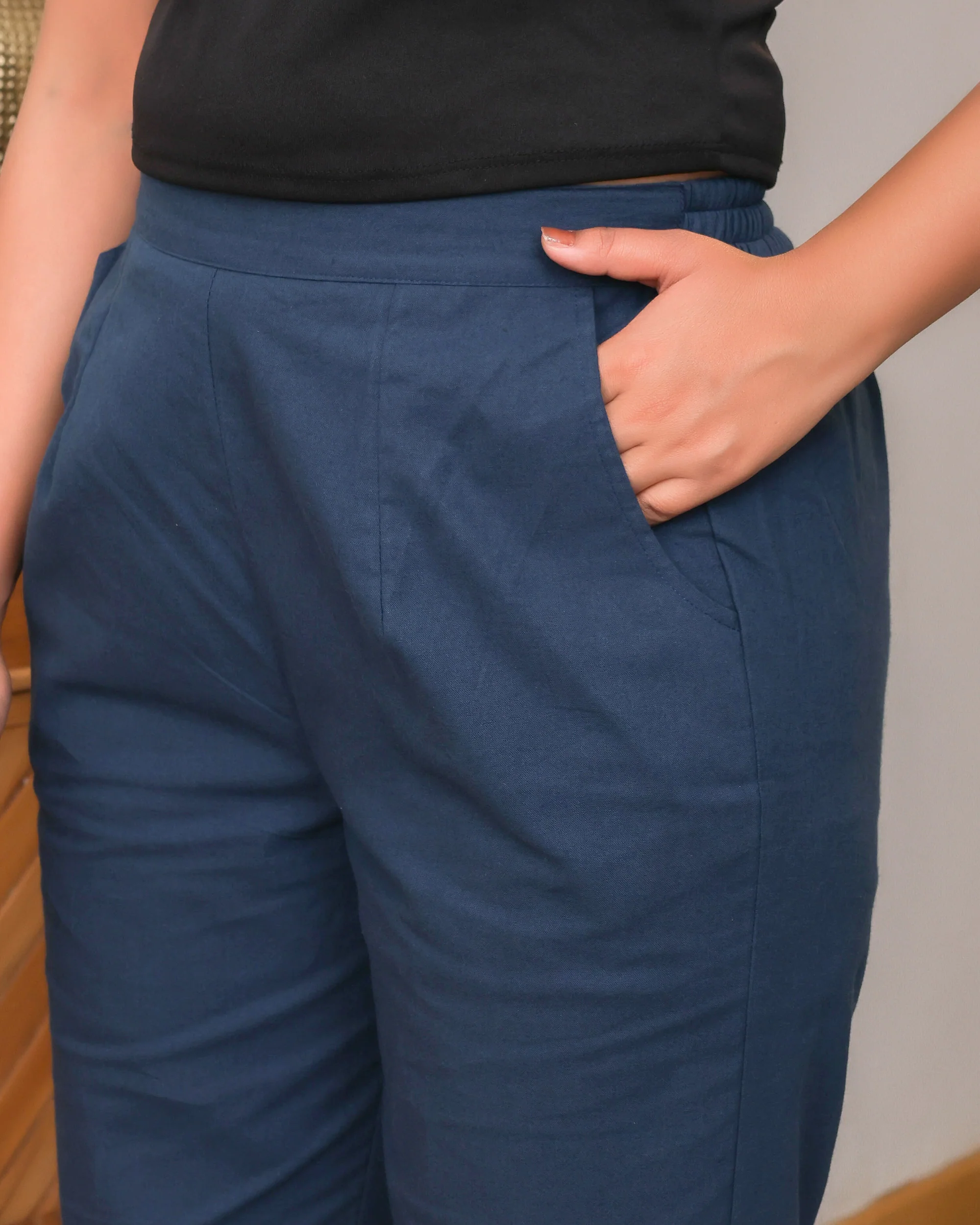 Navy Blue Solid Airy Linen Pants - Image 3