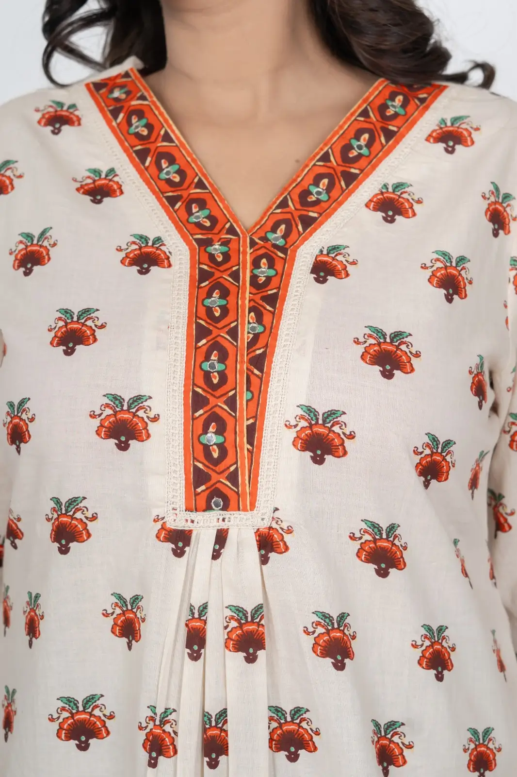 Off-White Floral Short Kurti - Image 3
