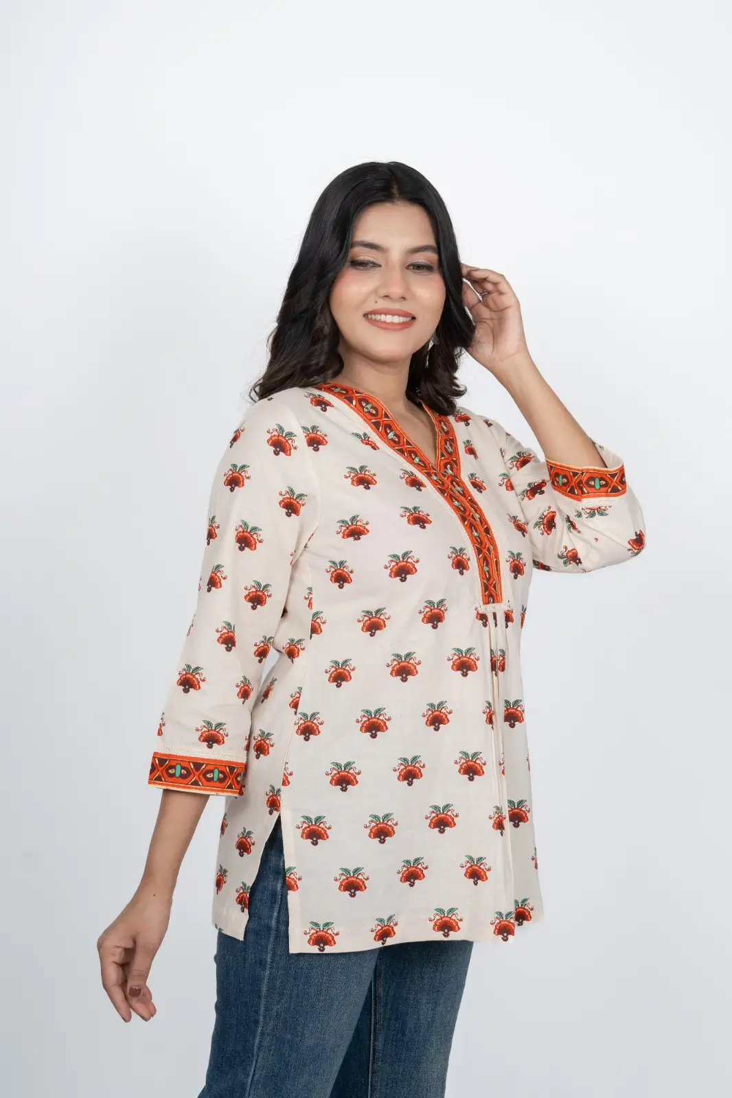 Off-White Floral Short Kurti - Image 6