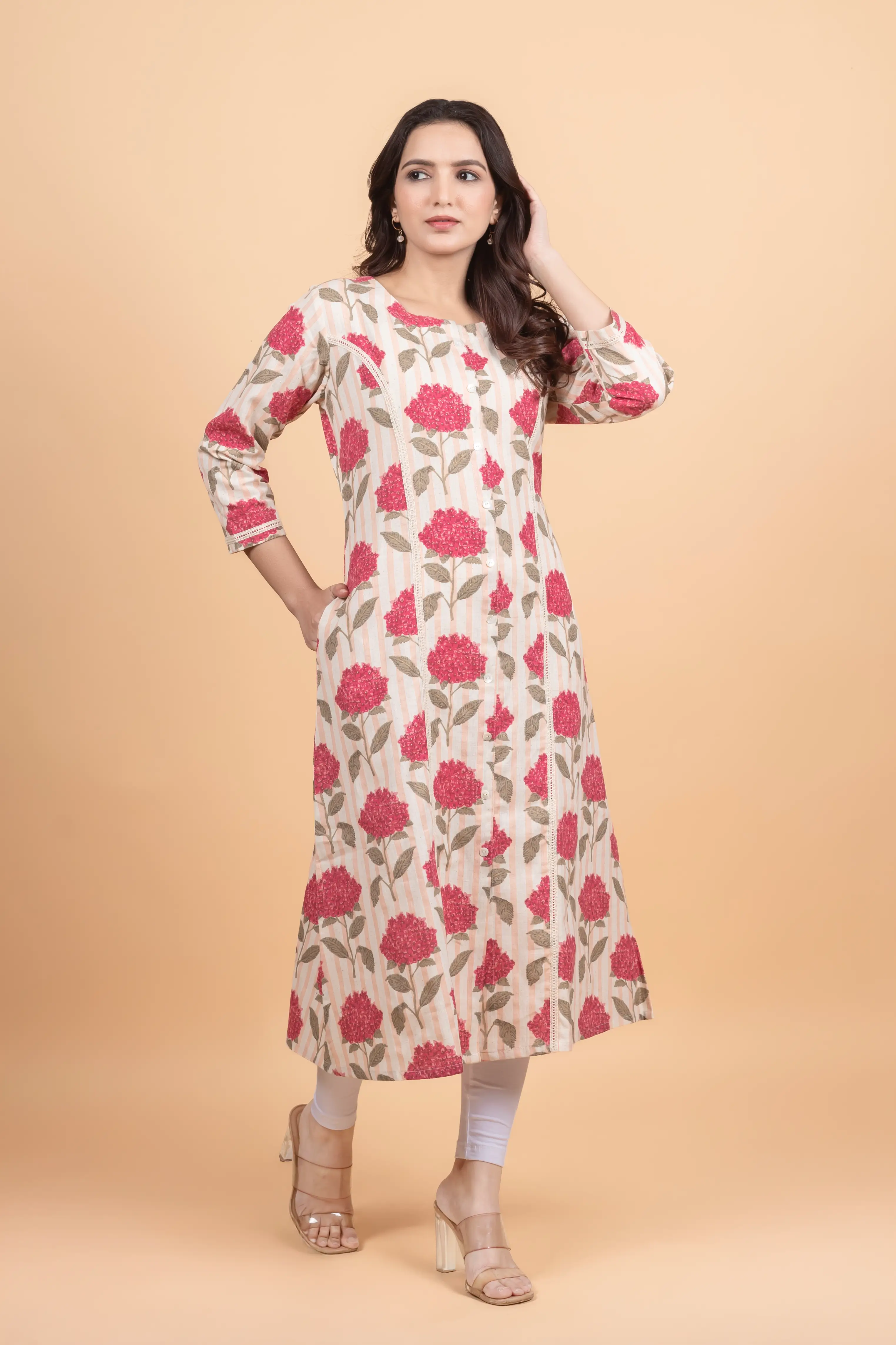 Cream Striped Flower Print Kurti - Image 6