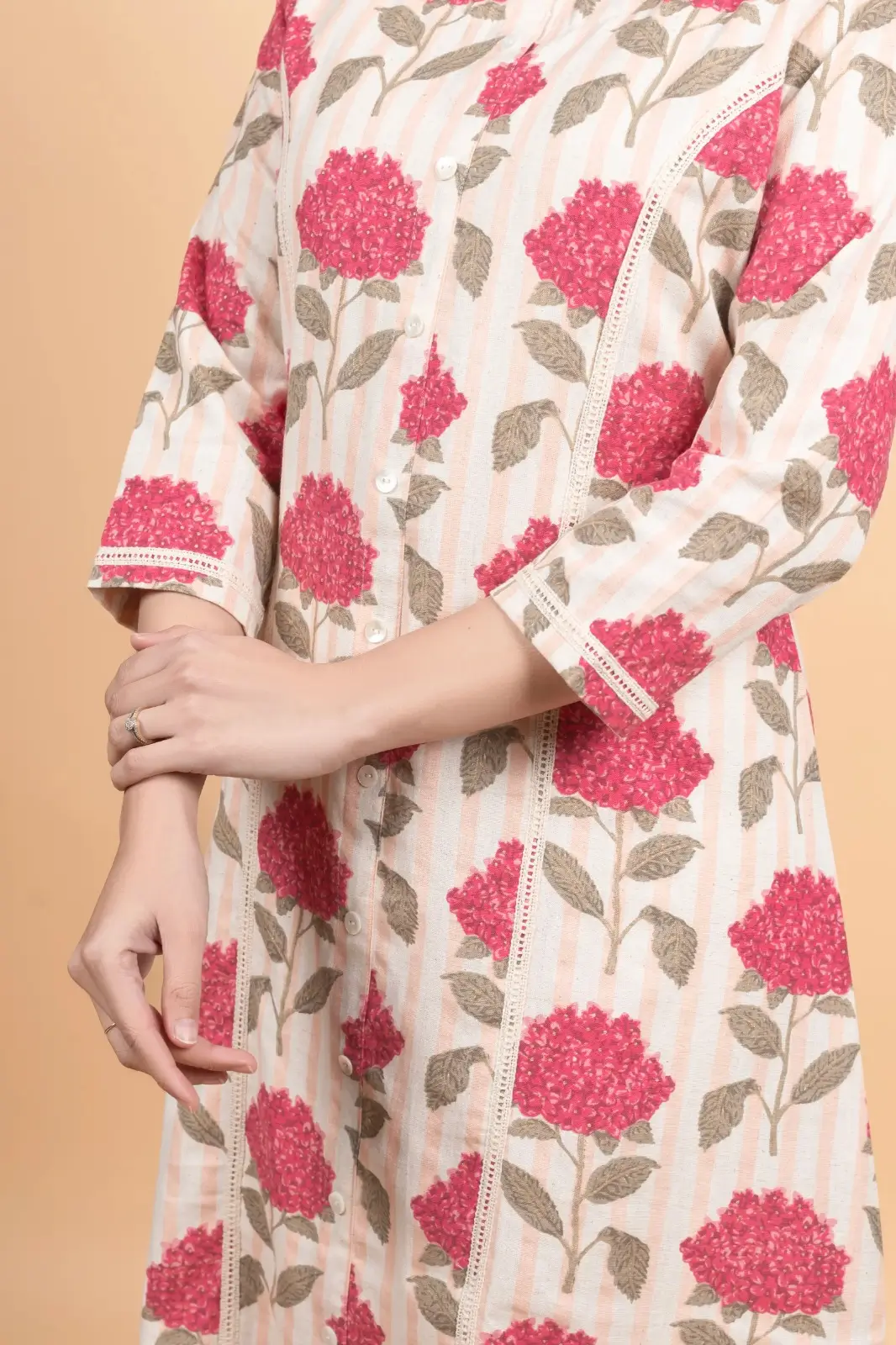 Cream Striped Flower Print Kurti - Image 8