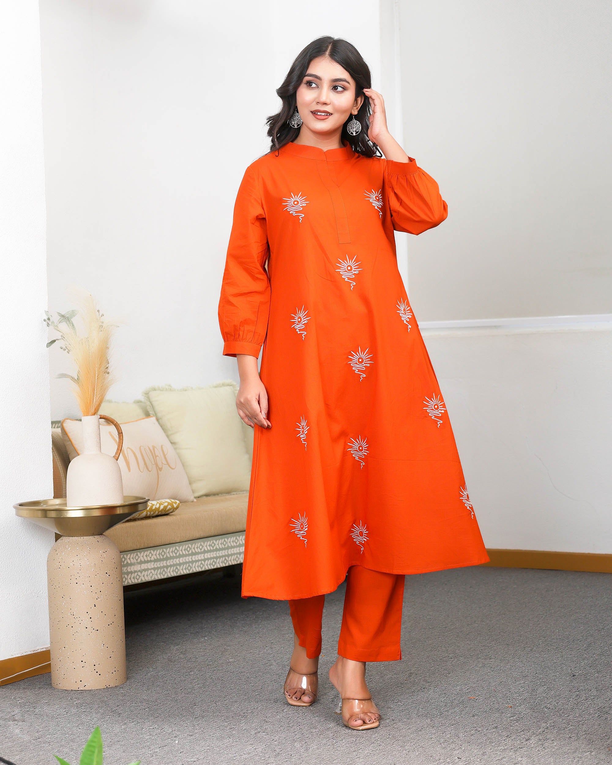 Orange Base With Delicate White Floral Embroidery Co-ord Set