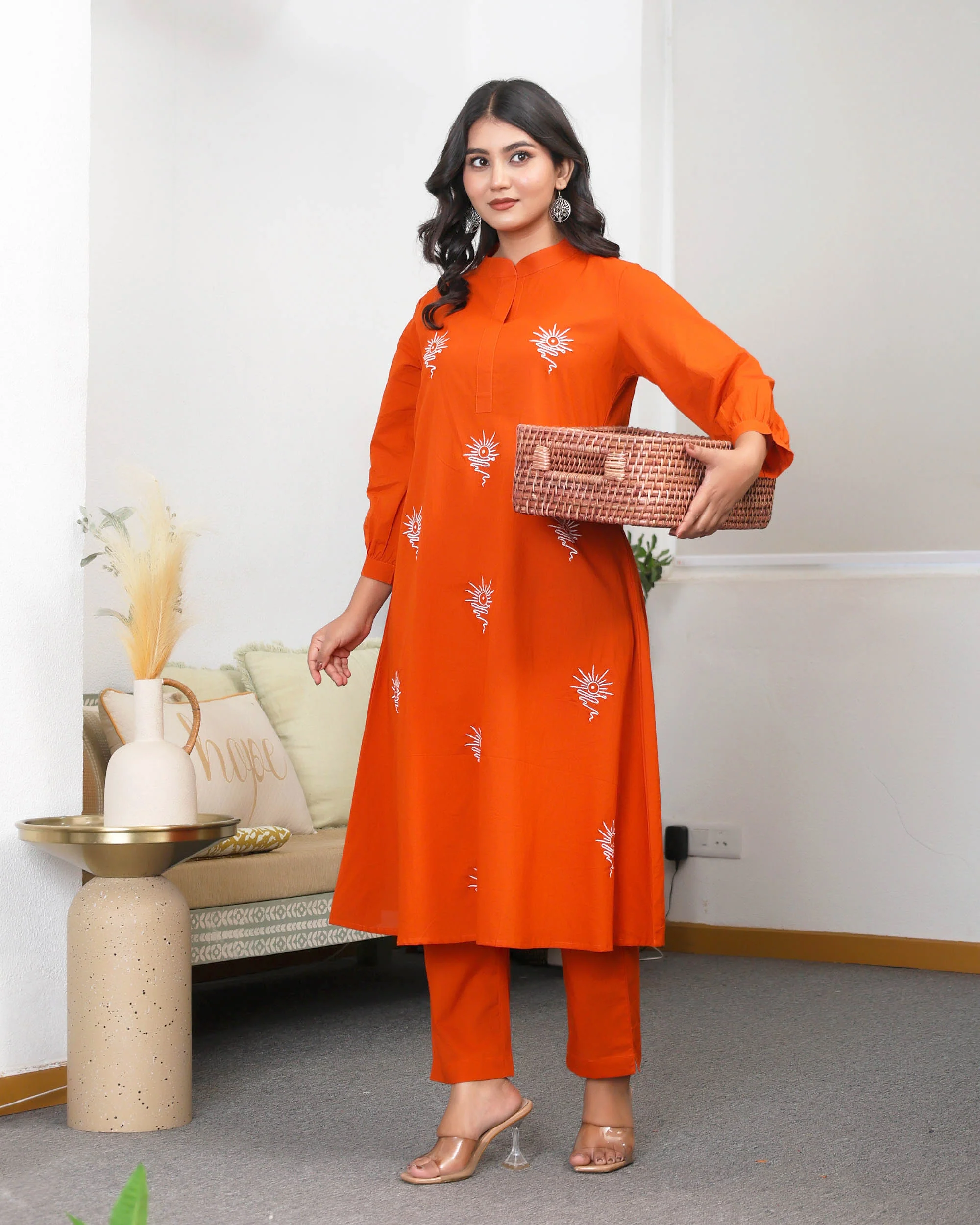 Orange Base With Delicate White Floral Embroidery Co-ord Set - Image 10