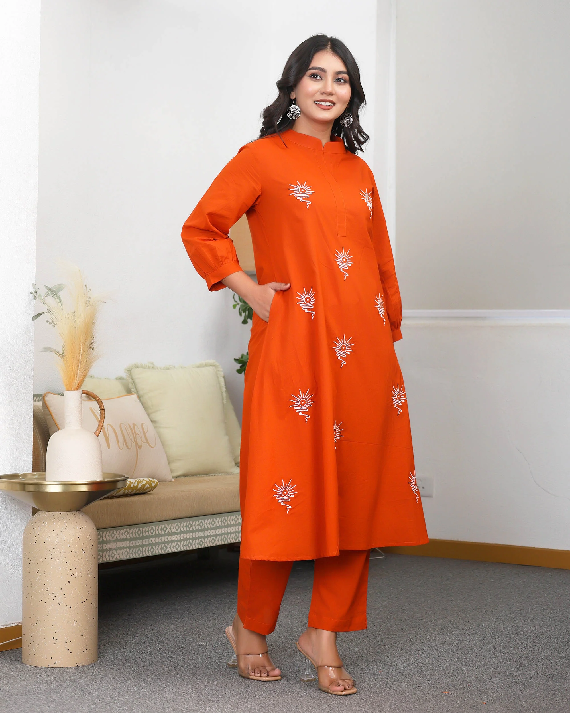 Orange Base With Delicate White Floral Embroidery Co-ord Set - Image 5