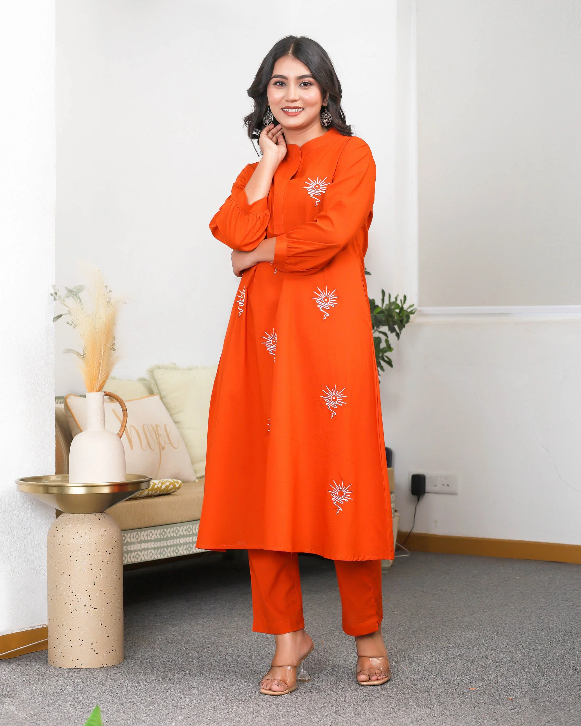 Orange Base With Delicate White Floral Embroidery Co-ord Set - Image 7