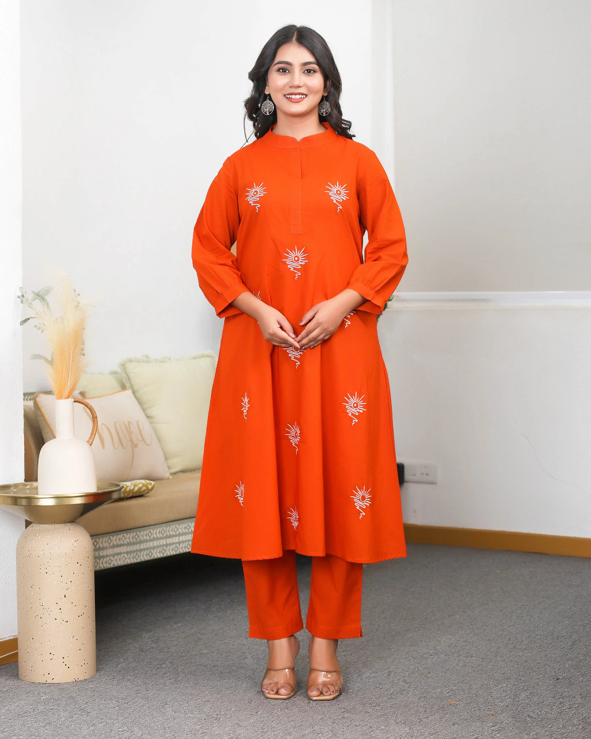 Orange Base With Delicate White Floral Embroidery Co-ord Set - Image 8