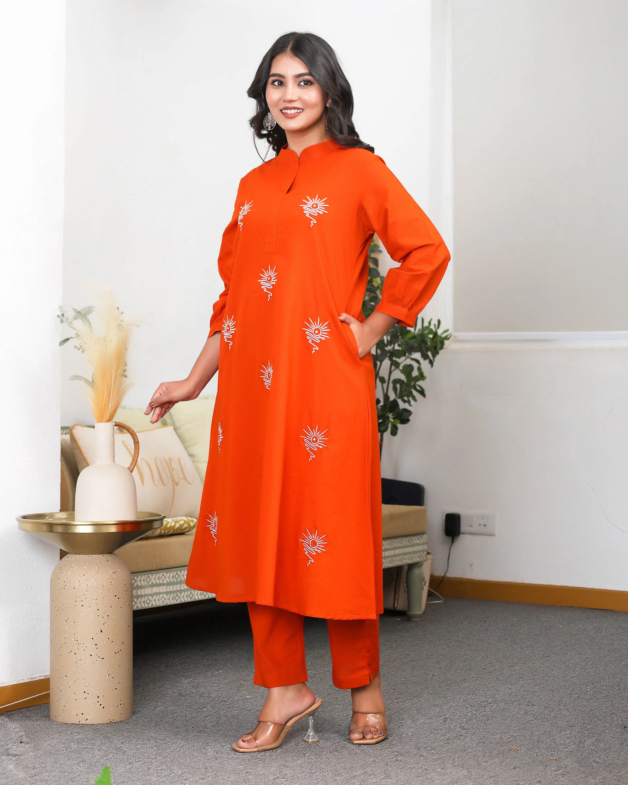 Orange Base With Delicate White Floral Embroidery Co-ord Set - Image 9