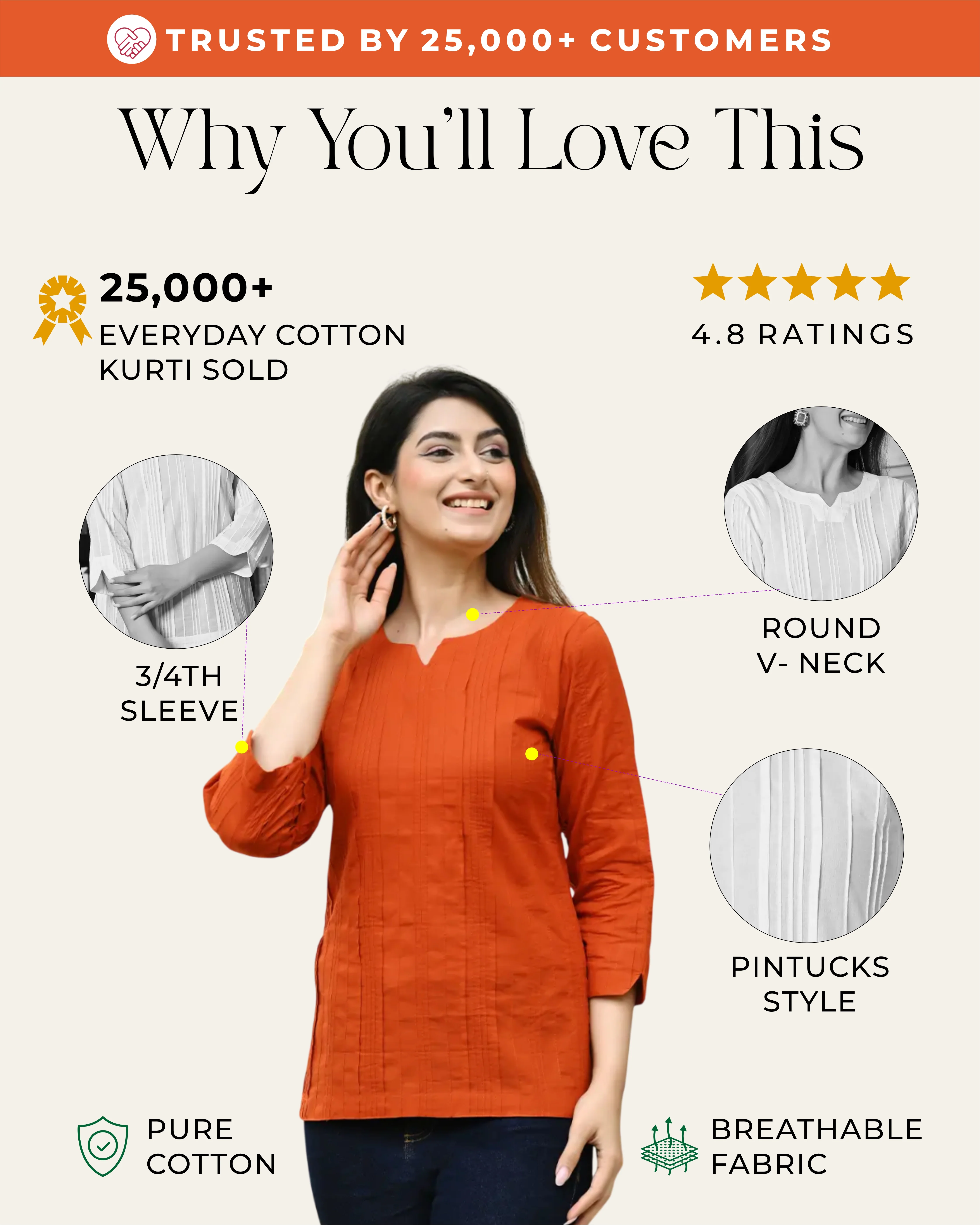 Orange Everyday Cotton Kurti - Image 2