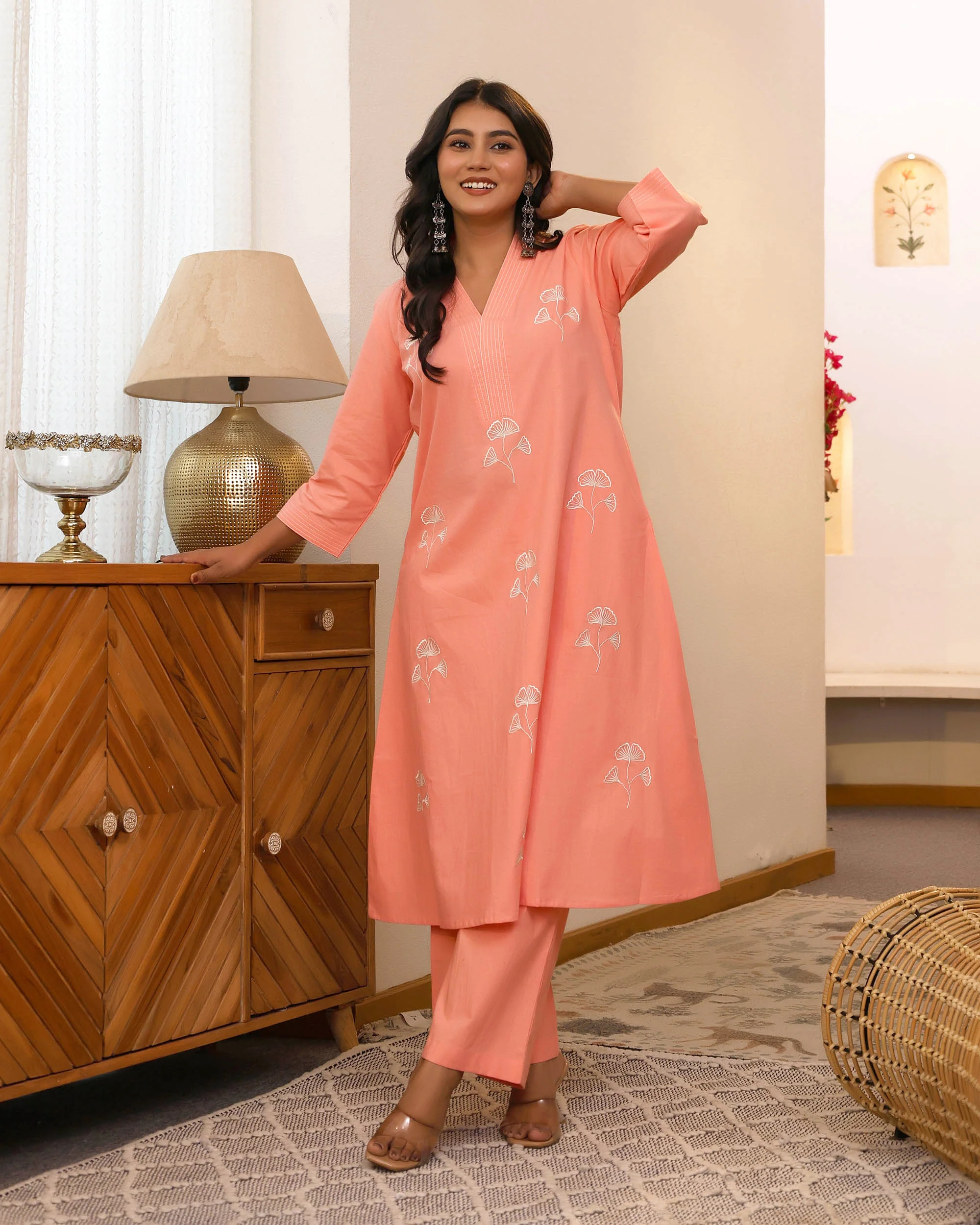 Peach Minimal Embroidered Aline Co-ord Set - Image 10