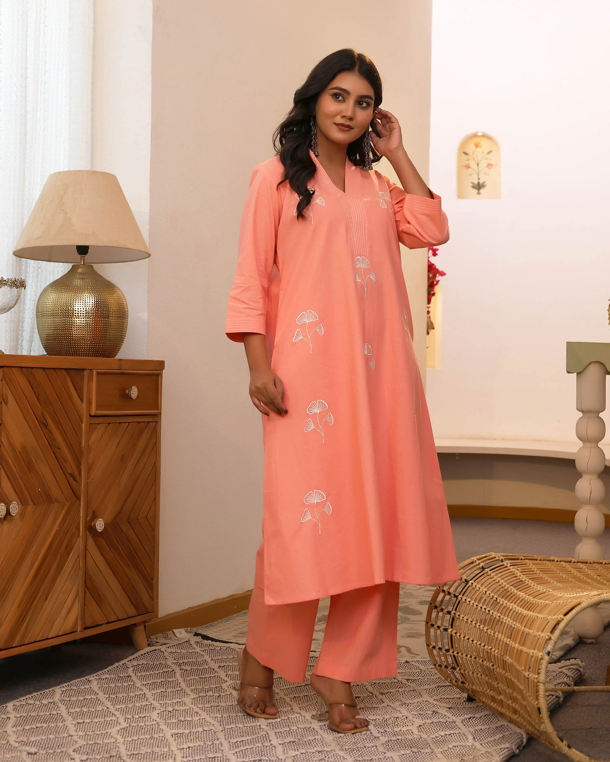 Peach Minimal Embroidered Aline Co-ord Set - Image 7