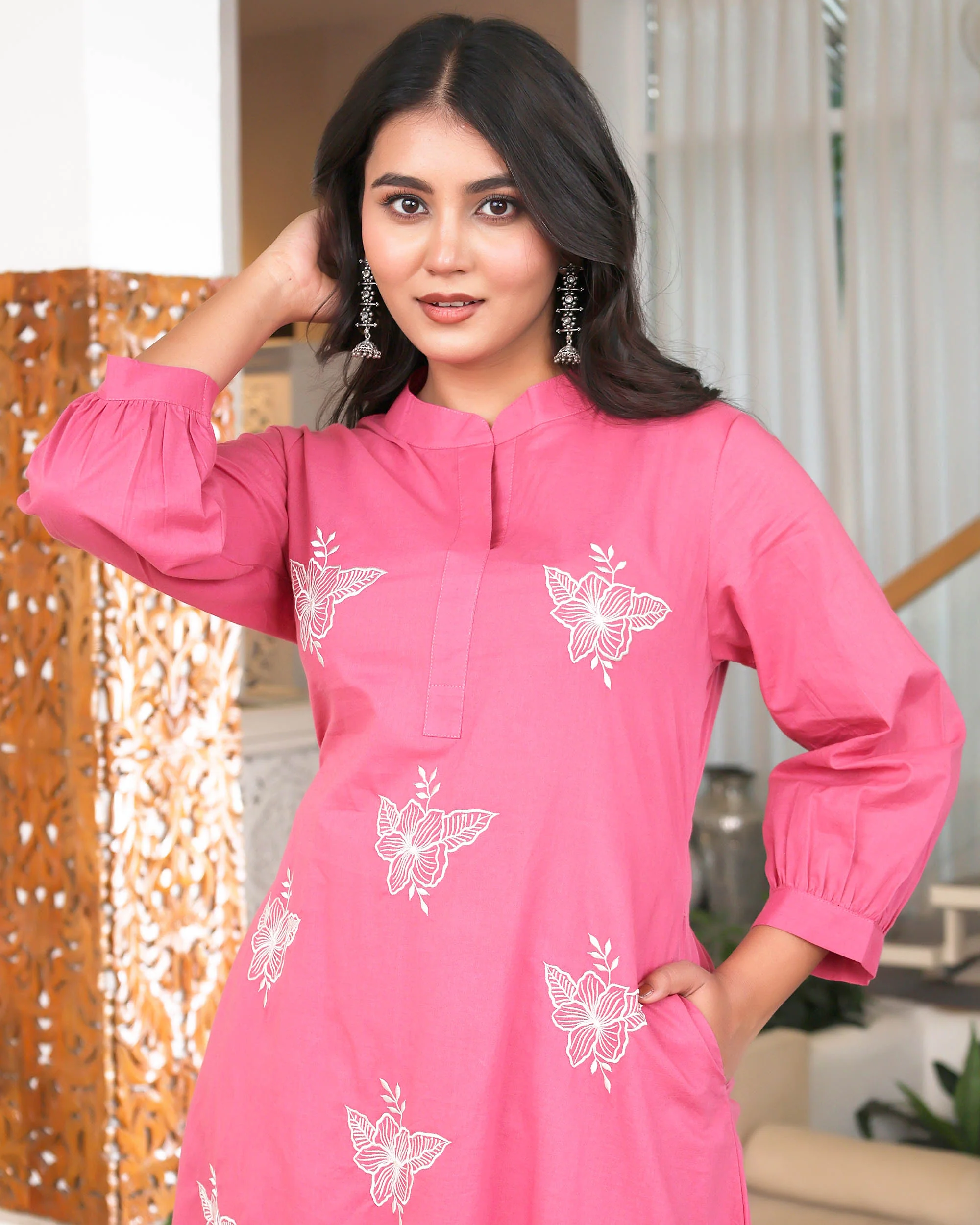 Pink Base With Delicate White Floral Embroidery - Image 4